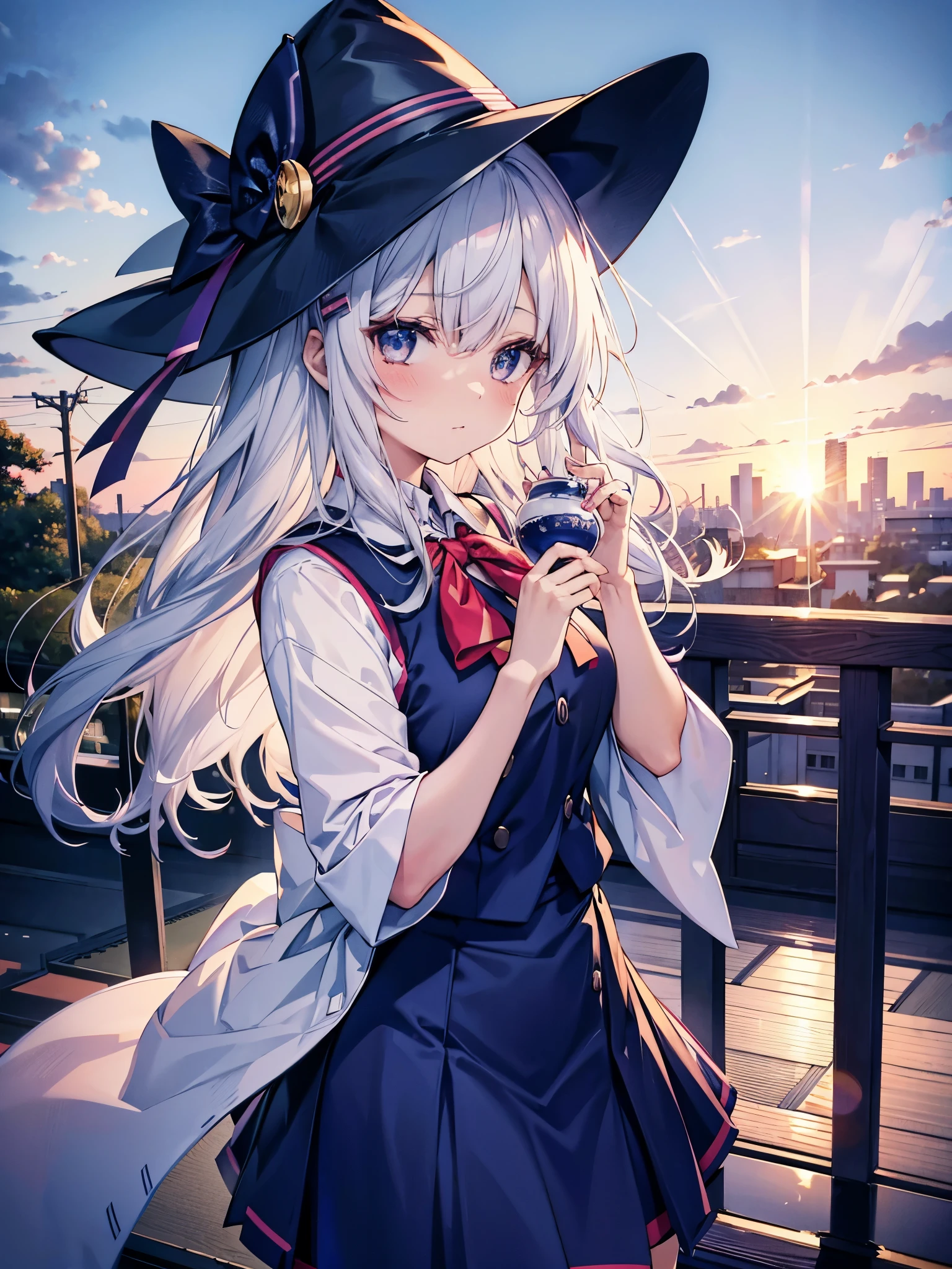 Japan 、She wears a large witch's hat with sapphire accessories、She wears her Japan high school uniform、she has white hair、I'm on the roof of a high school in Tokyo at twilight where you can see the sunset.、She is blushing and a little shy、I'm fidgeting、she wears a vest over a blouse、The skirt is navy blue and has a checkered pattern.
