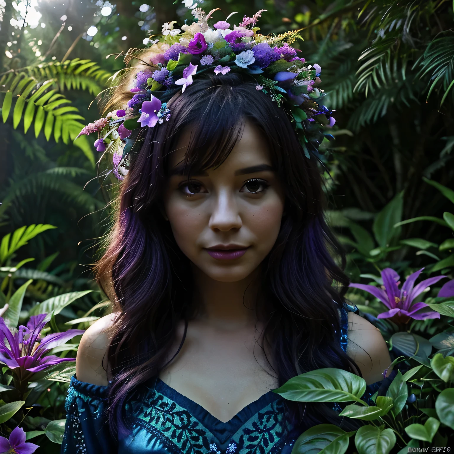 lush forest and plantlife, real, detailed, 8k, highquality, an enchanting and dreamy scene of fantasy/alien forest, creating a sense of mystique and enchantment, lots of blues and purples, depth of field, photorealist, crystals, bright happy colors, daytime, noon