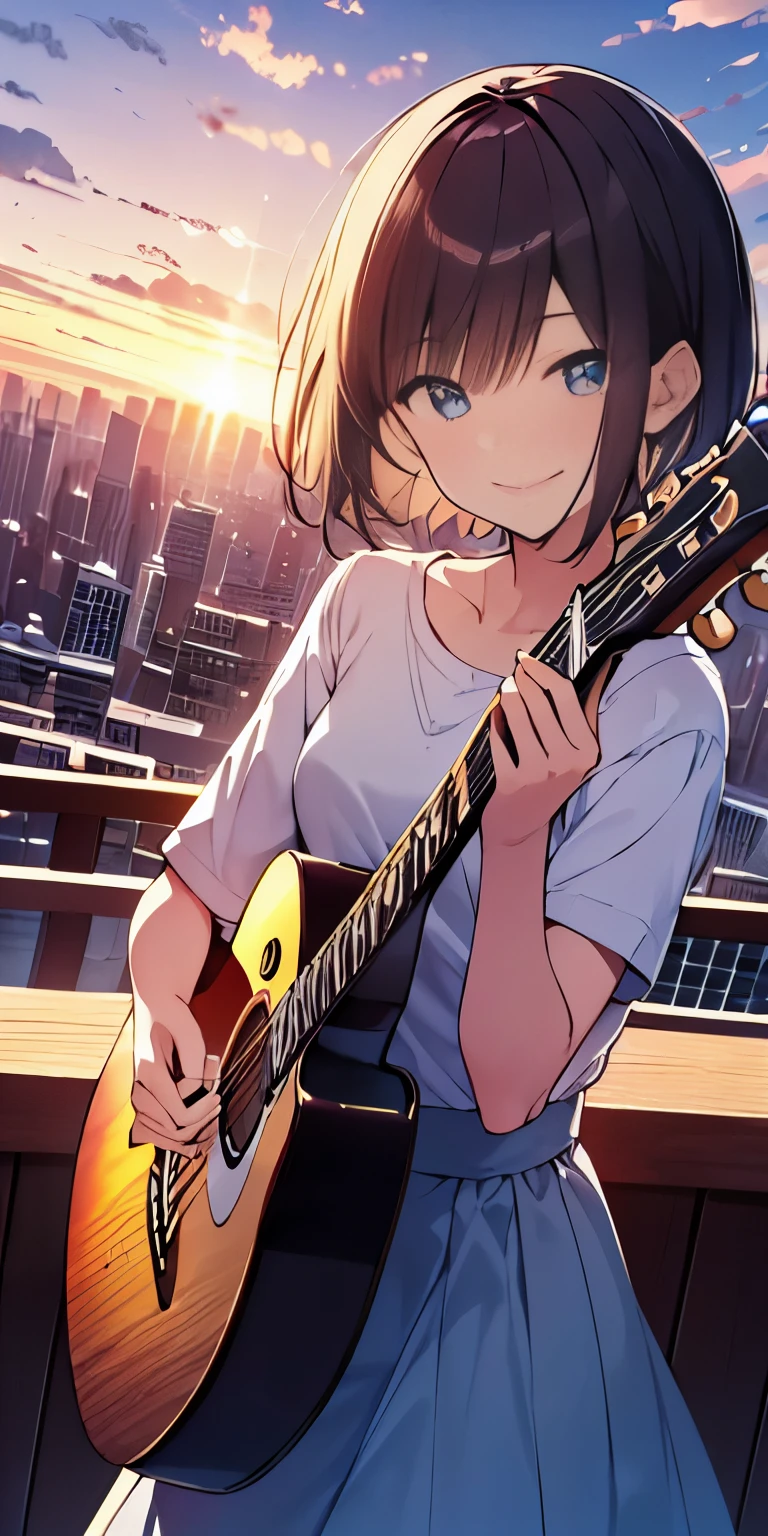 table top, highest quality,figure, wallpaper, ultra detail, absurd, 16 year old girl, alone, (medium short hair、play the guitar、Smile、Overlooking the city from the top of the hill、the sunset is beautiful