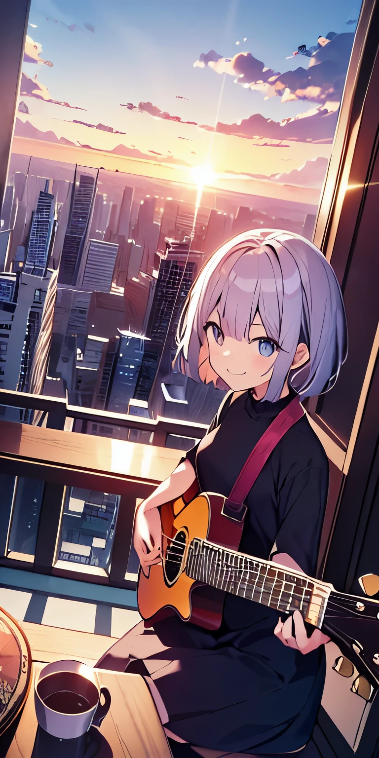 table top, highest quality,figure, wallpaper, ultra detail, absurd, 16 year old girl, alone, (medium short hair、play the guitar、Smile、Overlooking the city from the top of the hill、the sunset is beautiful