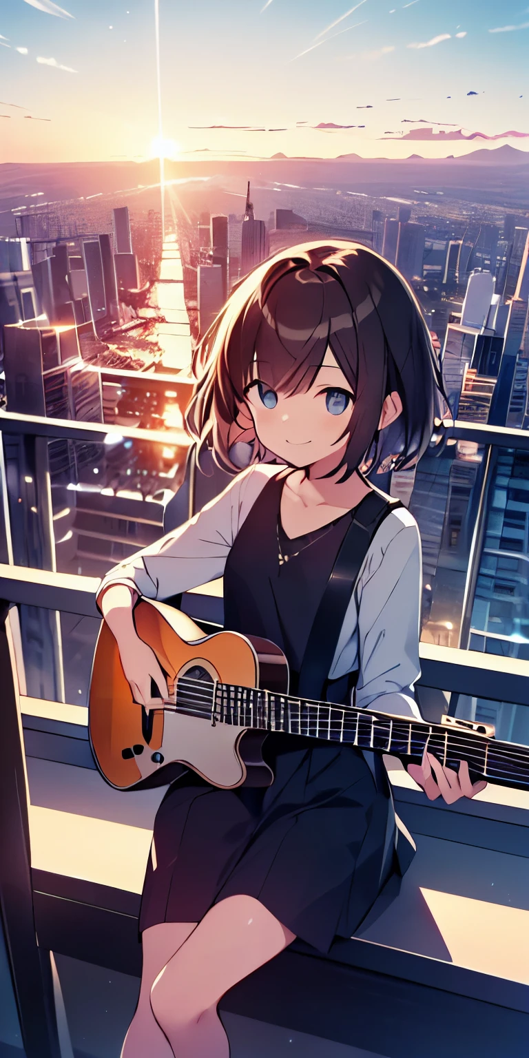 table top, highest quality,figure, wallpaper, ultra detail, absurd, 16 year old girl, alone, (medium short hair、play the guitar、Smile、Overlooking the city from the top of the hill、the sunset is beautiful