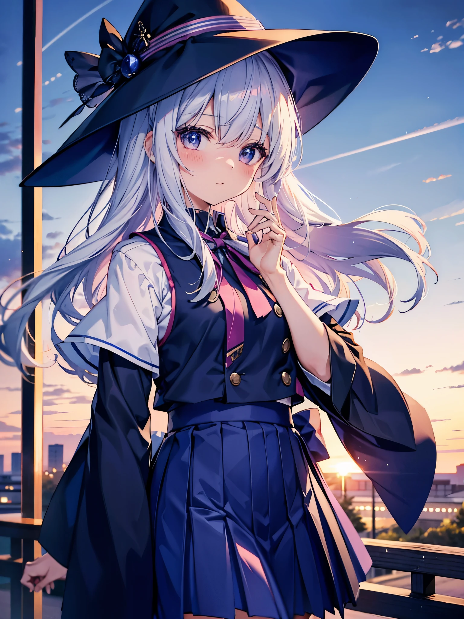 Japan 、She wears a large witch's hat with sapphire accessories、She wears her Japan high school uniform、she has white hair、I'm on the roof of a high school in Tokyo at twilight where you can see the sunset.、She is blushing and a little shy、I'm fidgeting、she wears a vest over a blouse、The skirt is navy blue and has a checkered pattern.