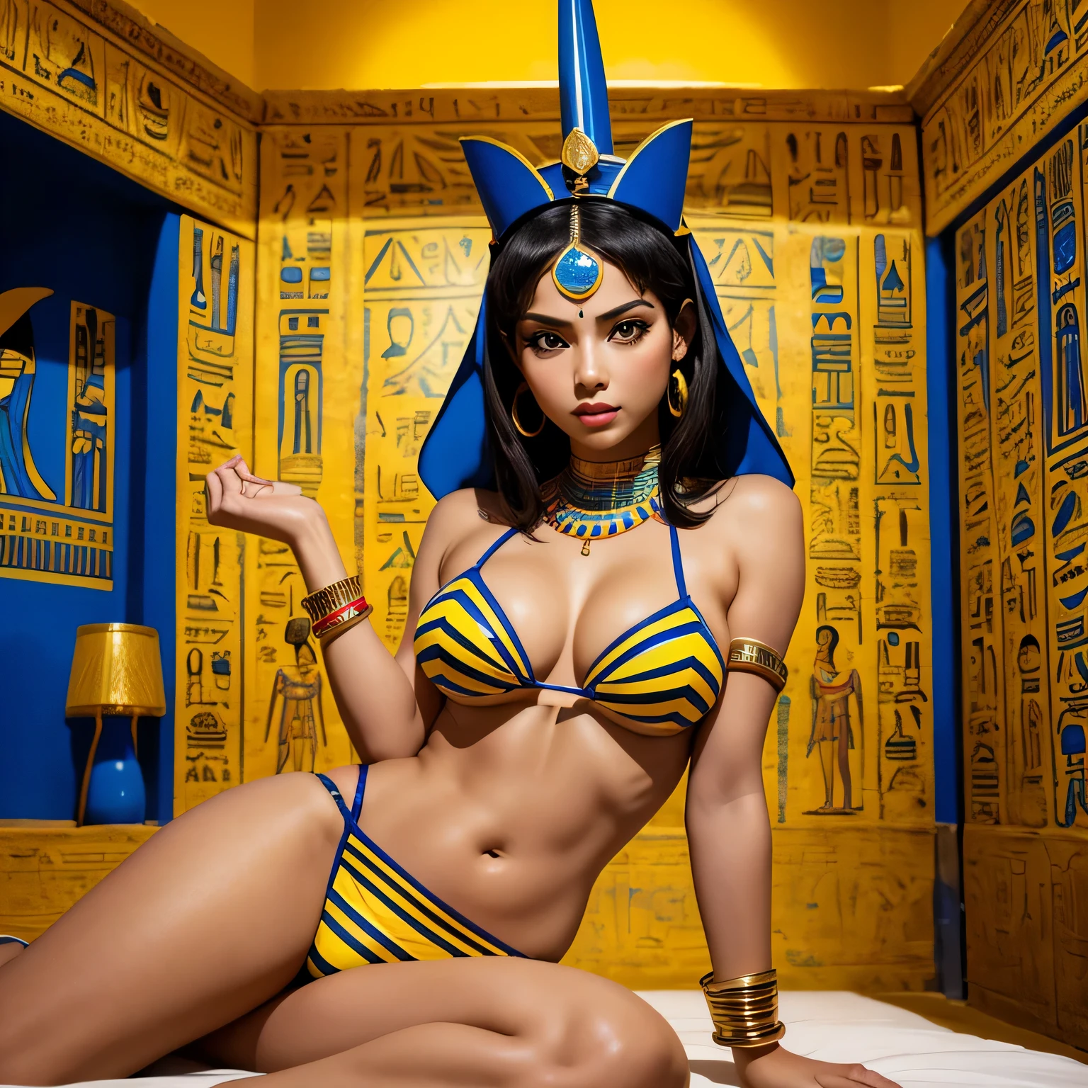 Crie uma obra de arte digital no estilo pop art, featuring a woman in an Egyptian-style bikini, Egyptian Bikini , noite, Interior, quarto, us