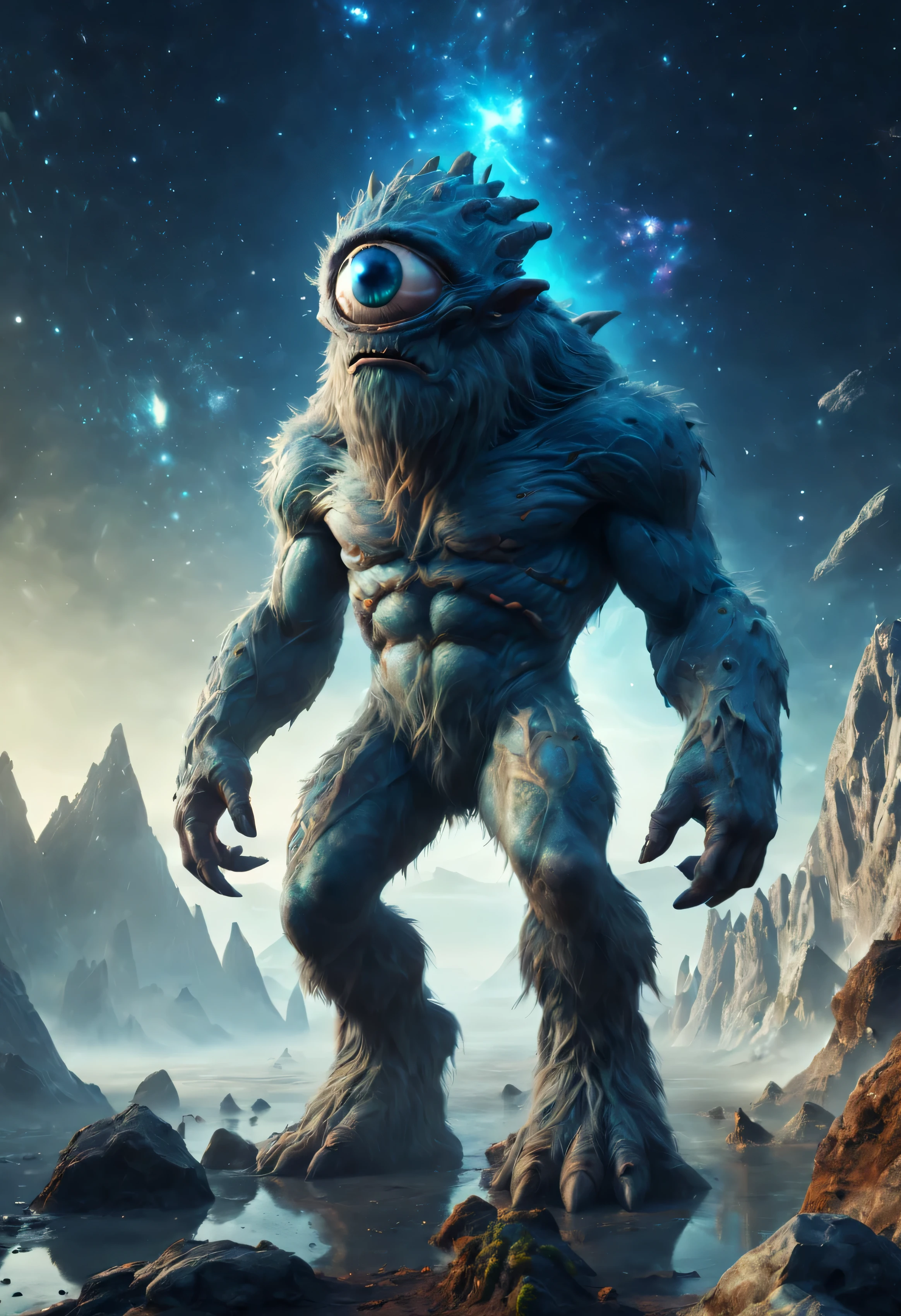 giant cyclops monster on alien planet with view over blue galaxy and light reflections, subsurface scattering, cinematic cosmic 3d render octane highres high-saturation, 