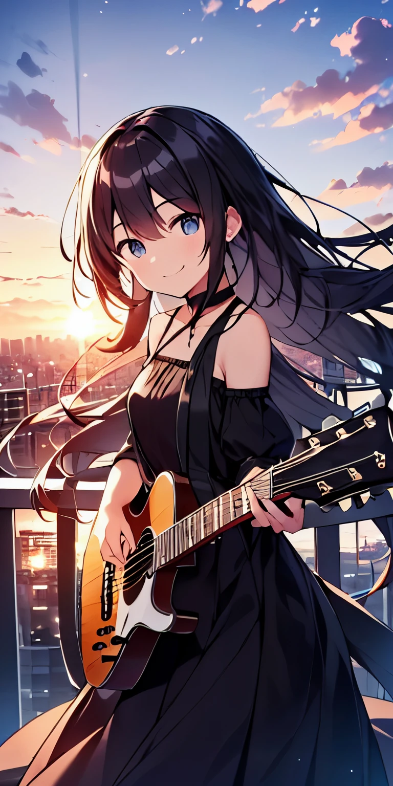 table top, highest quality,figure, wallpaper, ultra detail, absurd,Tips for 16 year old girl with long wavy hair, alone, (long hair、(play the guitar)、Smile、Overlooking the city from the top of the hill、the sunset is beautiful、the wind is strong、(Versatile Poses)Wearing a black dress