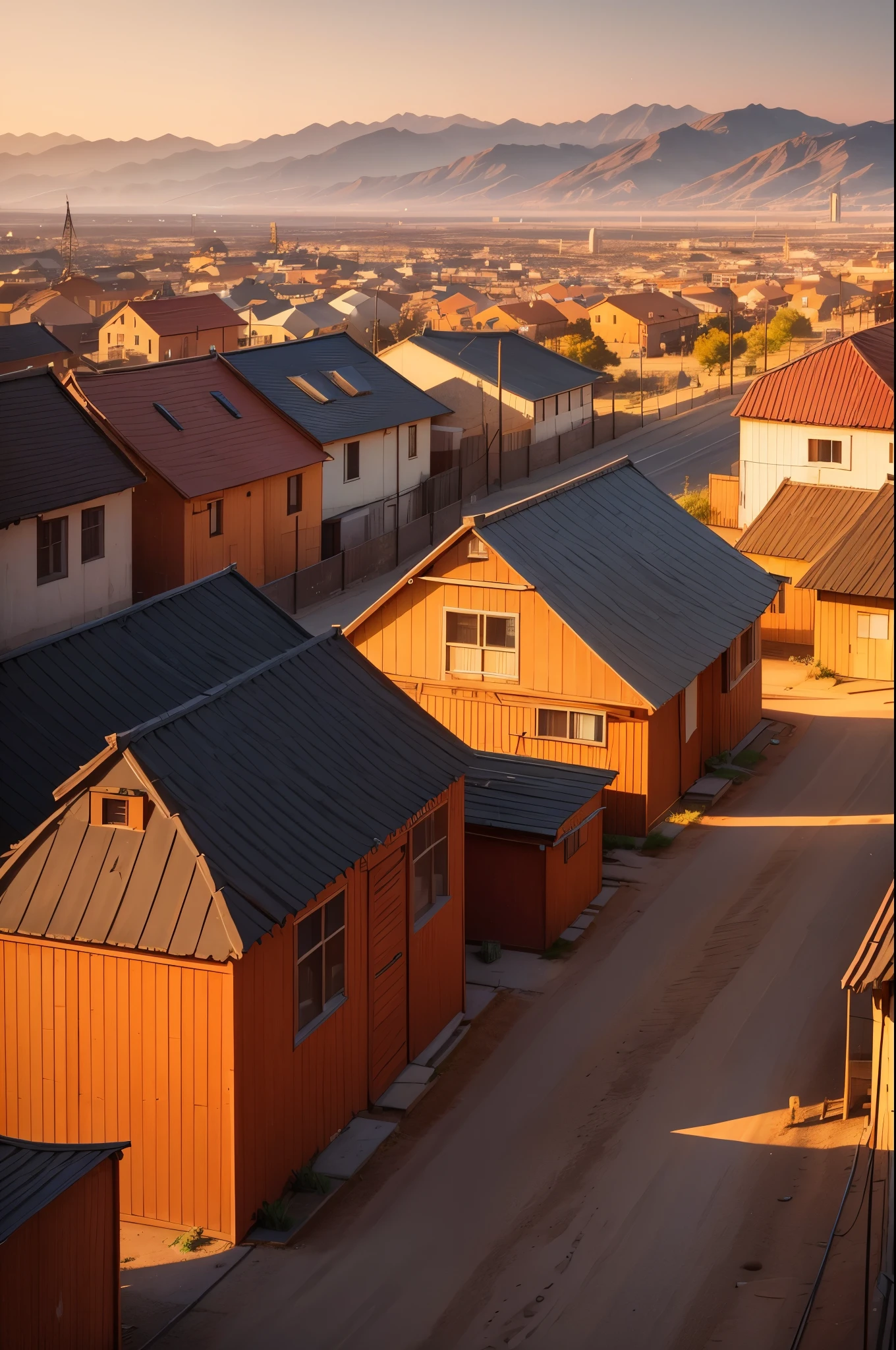 A western city, with small wooden buildings, with small fences around, on an orange-toned evening.