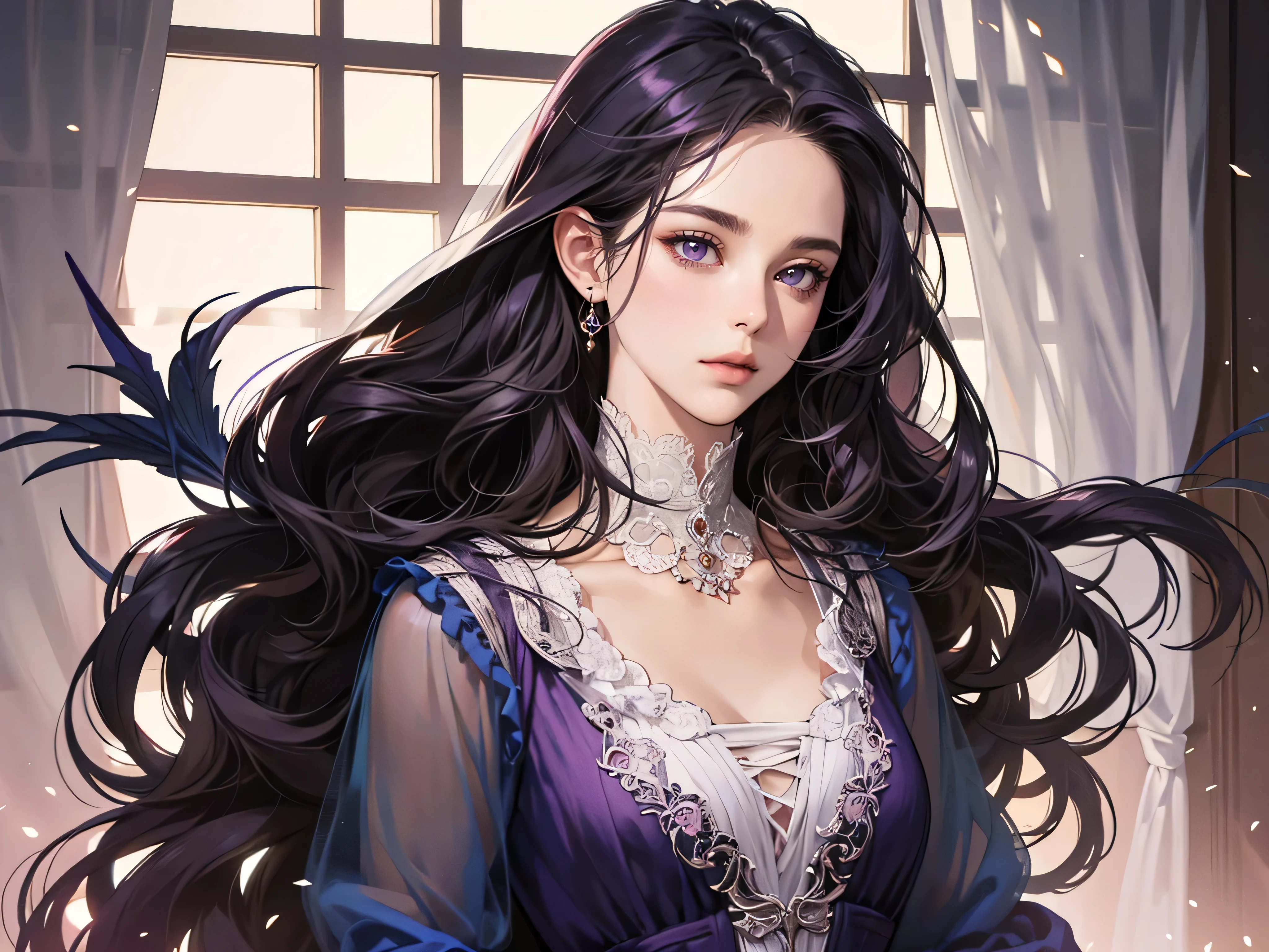 ouvrages d&#39;art, best quality, Realistic, 1 femme, mature, beau, 25 ans, Extremely detailed face, ((dark purple eyes)), ((Long Hair with a French Touch)), Goddess of Light, robe longue avec beaucoup de voile