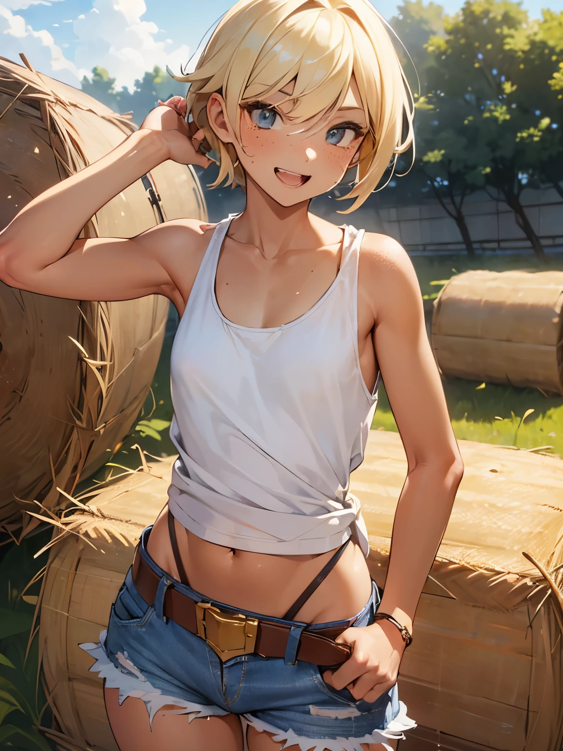 (((SHARP detail perfect face))), (flat chest), (nice hips), detailed skin, ((masterpiece)), best quality, (SHARP details), 4k, (((femboy))), (((farm))), (loose (white tank top)), ((blonde hair)), sweat, (trap), amber eyes, looking at viewer, (short hair), ((((bulge)) in (denim shorts)), (hay), smiling, open mouth, outdoors, solo, ((asymmetric hair)), ((farmboy)), freckles, tanned, (nice butt), stable, (leather belt), (nice hips),