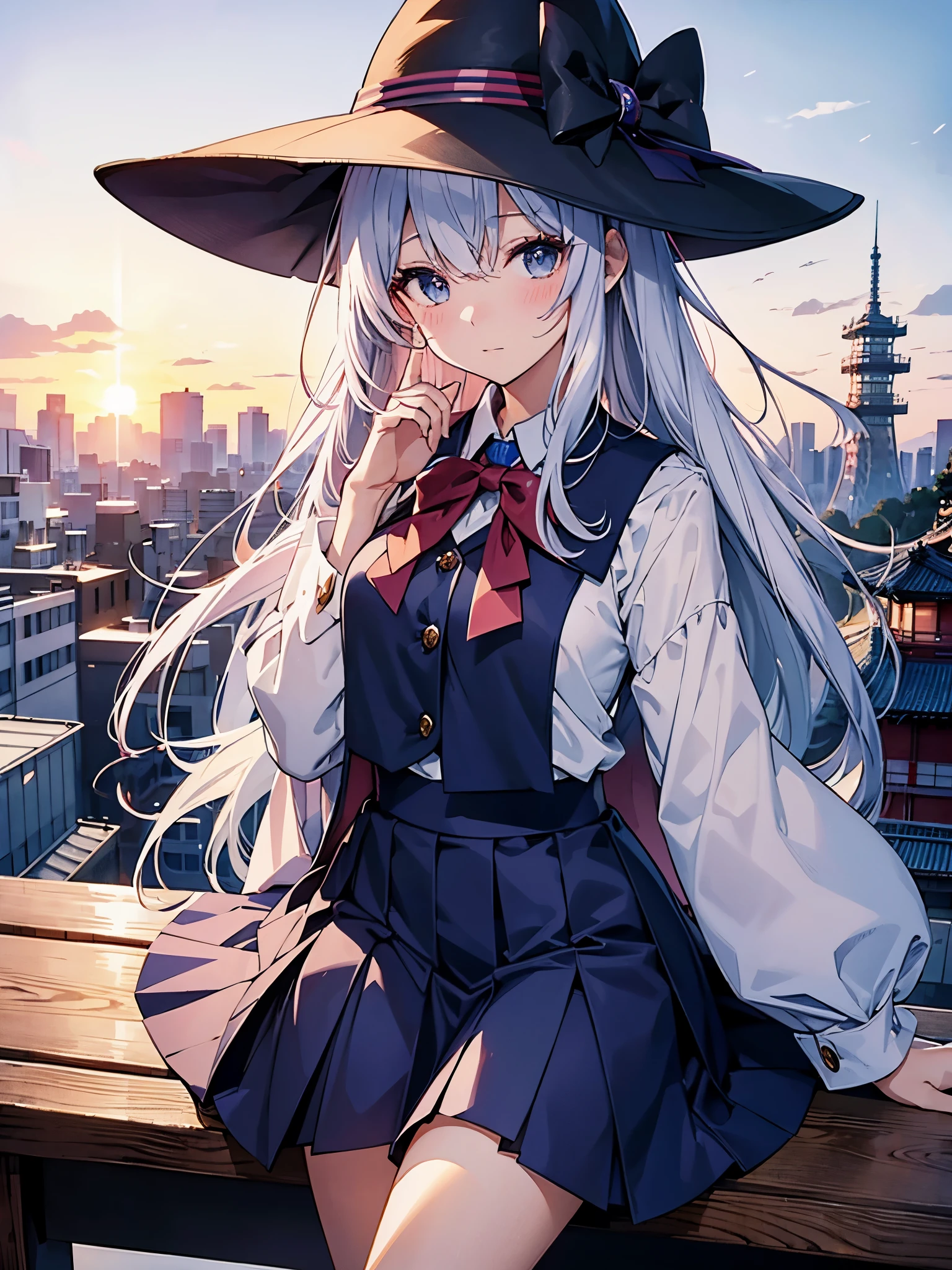 Japan 、She wears a large witch's hat with sapphire accessories、She wears her Japan high school uniform、she has white hair、I'm on the roof of a high school in Tokyo at twilight where you can see the sunset.、She is blushing and a little shy、I'm fidgeting、she wears a vest over a blouse、The skirt is navy blue and has a checkered pattern.