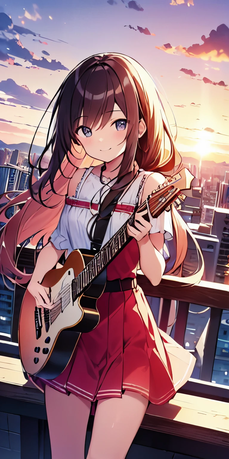 table top, highest quality,figure, wallpaper, ultra detail, absurd,Tips for girl with long wavy hair, alone, (long hair、(play the guitar)、Smile、Overlooking the city from the top of the hill、the sunset is beautiful、the wind is strong、(Versatile Poses)Wearing a red miniskirt dress