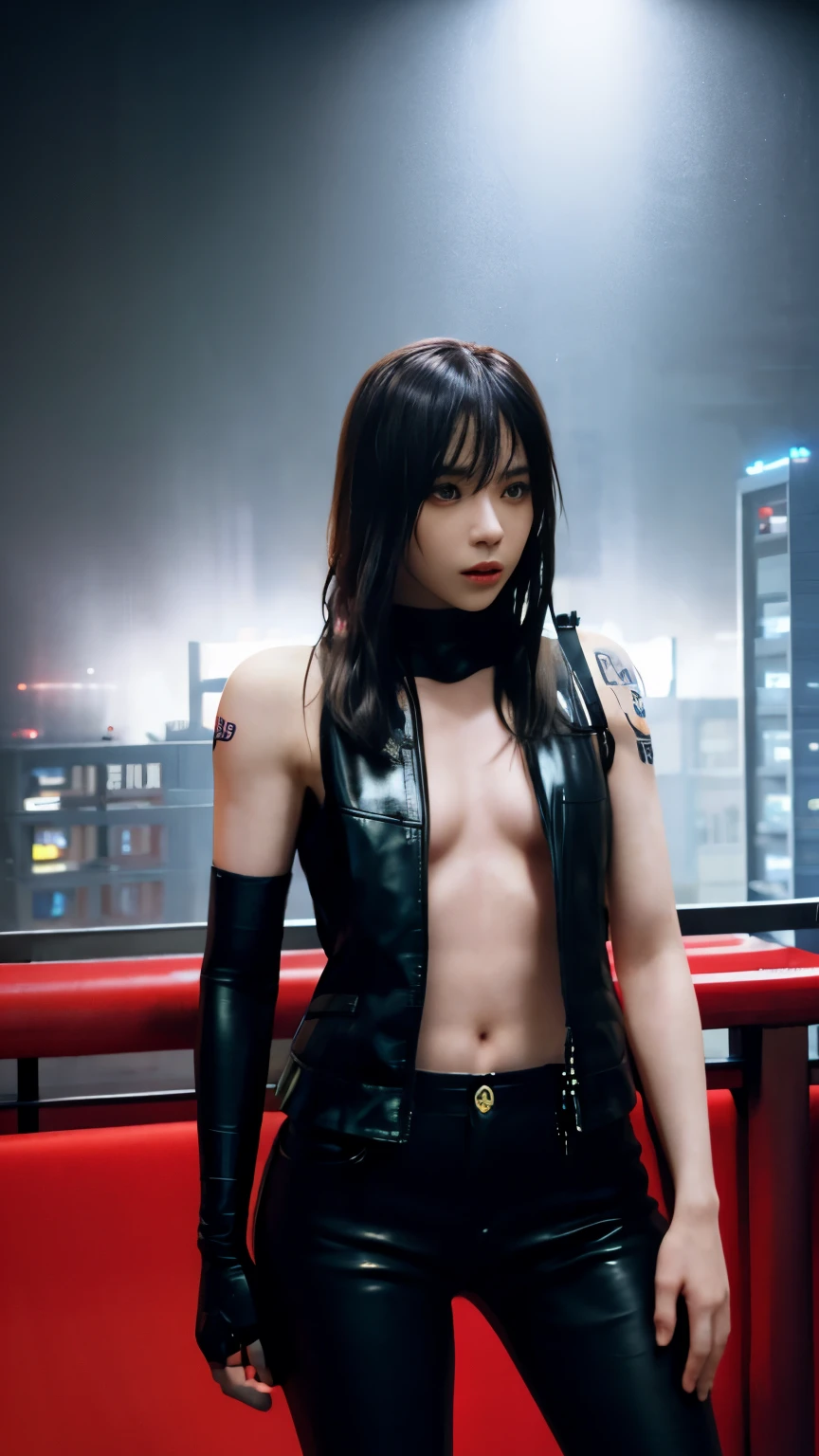 highest quality，masterpiece，Super detailed，8K, UHD，Beautiful woman，japanese woman，Expressionless，(Topless)，whole body，((tattoo))，slim，black leather pants，black leather vest，(female mafia)，gangster，(cyberpunk city)，night，cinematic lightening，movie poster，underworld