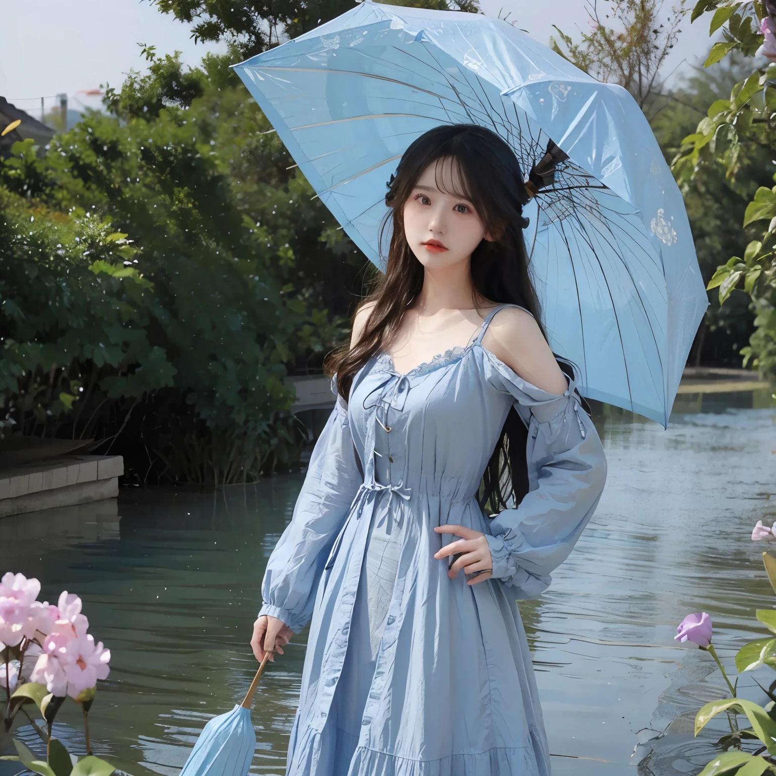 Antique blue dress，Long hair and waist，A sky blue umbrella、Noinno