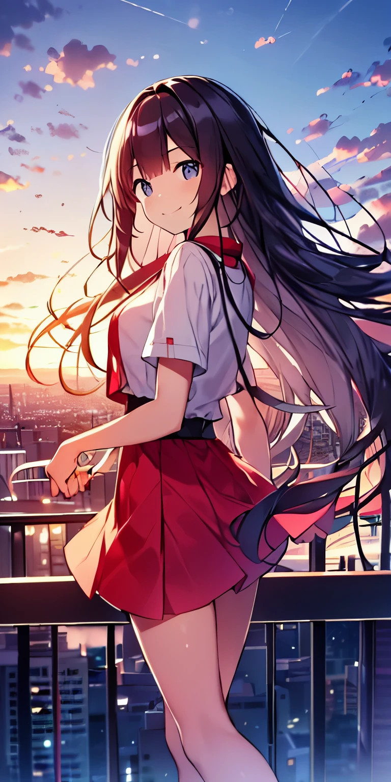 table top, highest quality,figure, wallpaper, ultra detail, absurd,Tips for 16 year old girl with long wavy hair, alone, (long hair、(play the guitar)、Smile、Overlooking the city from the top of the hill、the sunset is beautiful、the wind is strong、(Versatile Poses)Wearing a red miniskirt dress