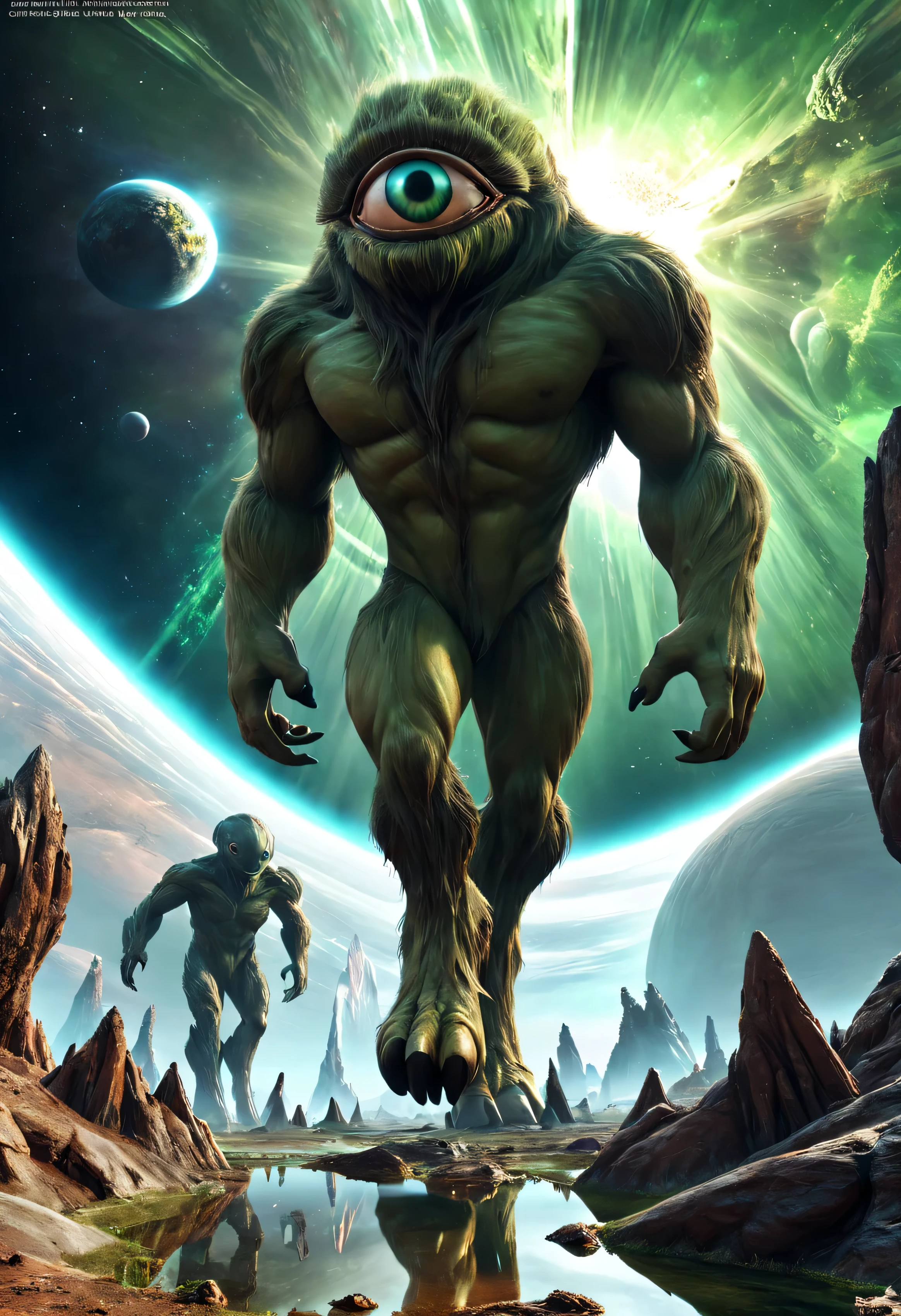 giant cyclops monster on alien planet with view over green galaxy and light reflections, walking, subsurface scattering, cinematic cosmic 3d render octane highres high-saturation,
