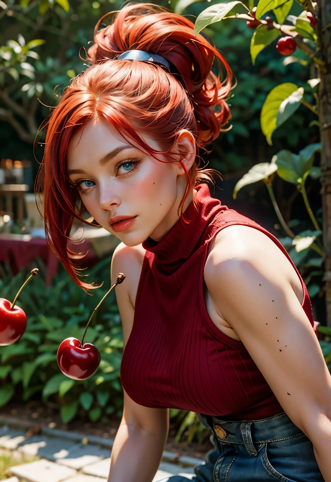 Beautiful redhead with blue eyes, ponytail, red clothes, beautiful, near cherries, cherry