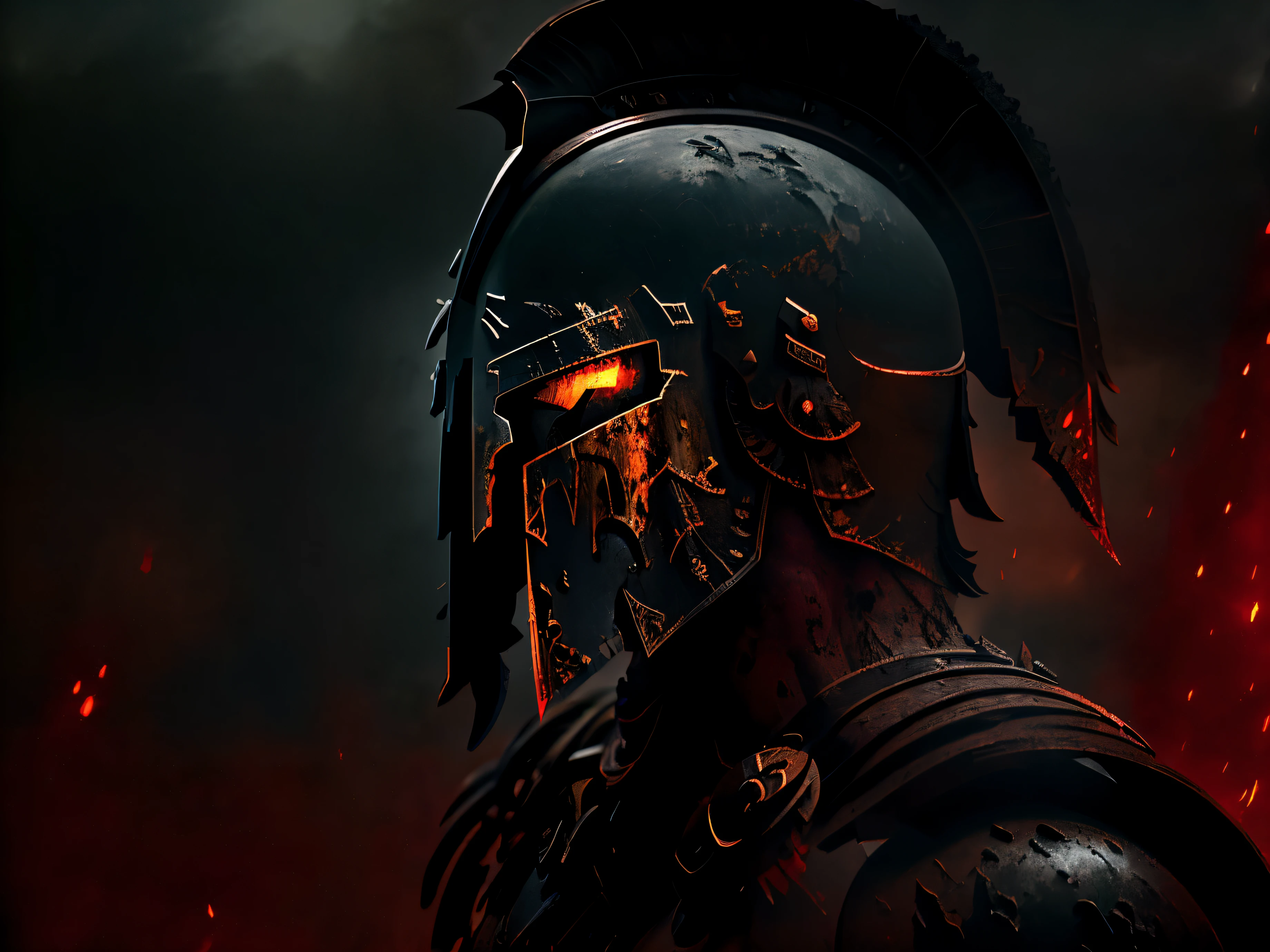 (Ultra resolution 8K) epic Spartan warrior The Spartan's face is obscured by the shadow of the blackened metal helmet, whose surface is stained and splattered with fresh blood. The raw and rough lines of the helmet merge with the gloomy scenery of the battle, almost looking like an extension of the warrior's own grim countenance.