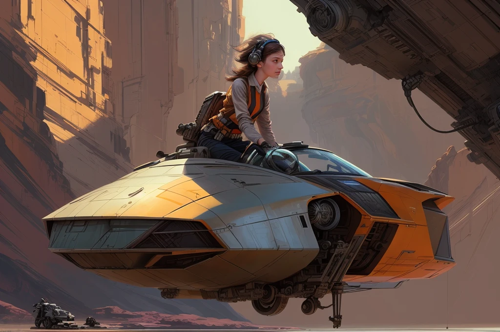 Picture of a girl, edushego na speeder without a helmet, Hair fluttering in the wind, sergey kolesov concept art, style by Craig Mullinza, inspired Craig Mullins, Obituary of Craig Mullins, Nicolas Bouvier Sparta, Craig Mullins, Spider, concept art of the speeder, bastien grivet, Syd Mead style, Cinematography by Syd Mead, Syd Mead style, sergey kolesov, against the backdrop of the Grand Canyon