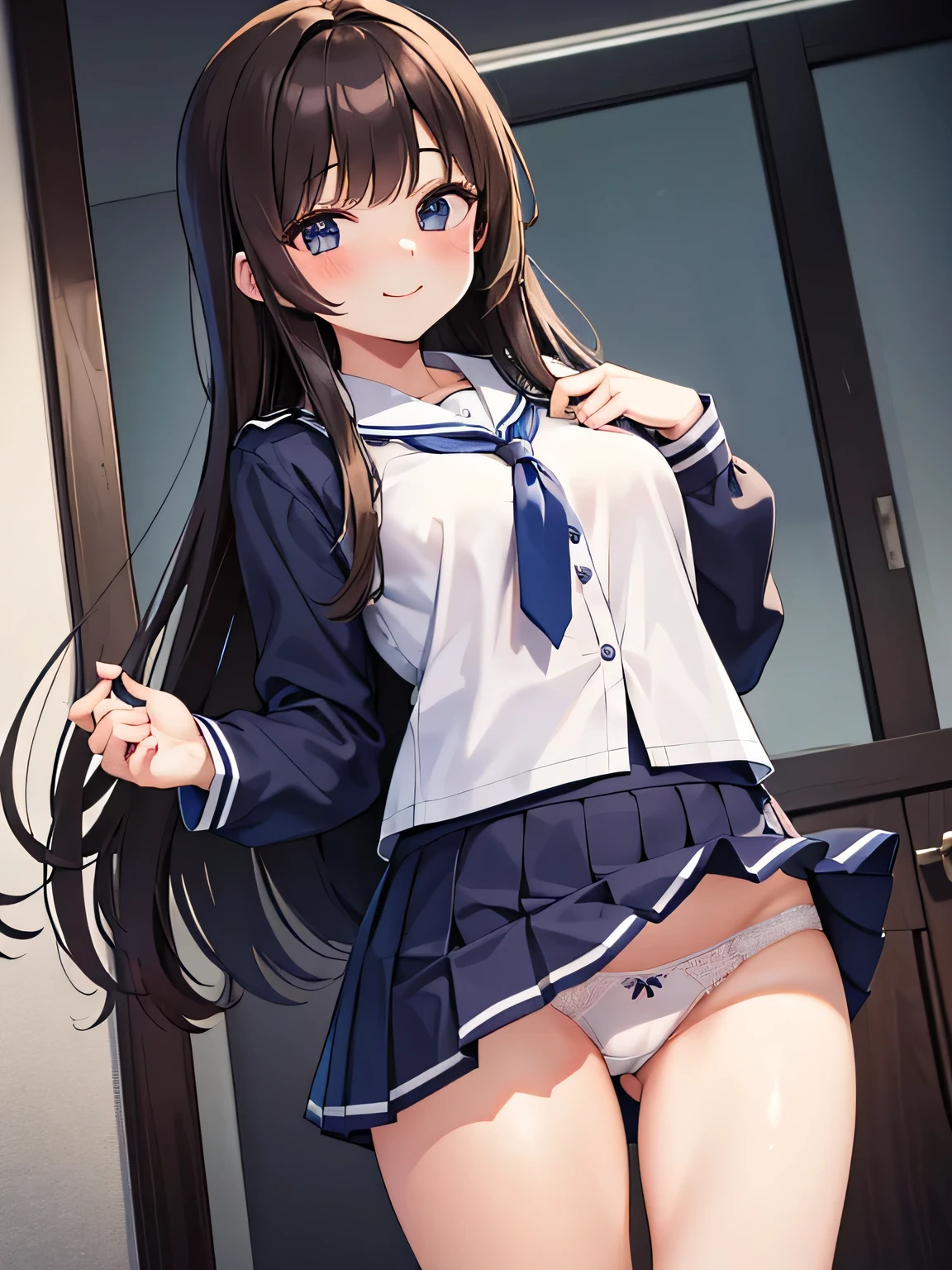 (1) There is a woman who lifts up her skirt and shows her panties.. She wears white lace panties.
(2) The woman is a dark blue high school girl, Wearing a navy blue miniskirt uniform, loose socks, and brown long hair,.
(3) her expression is seductive、Has a fearless smile。.