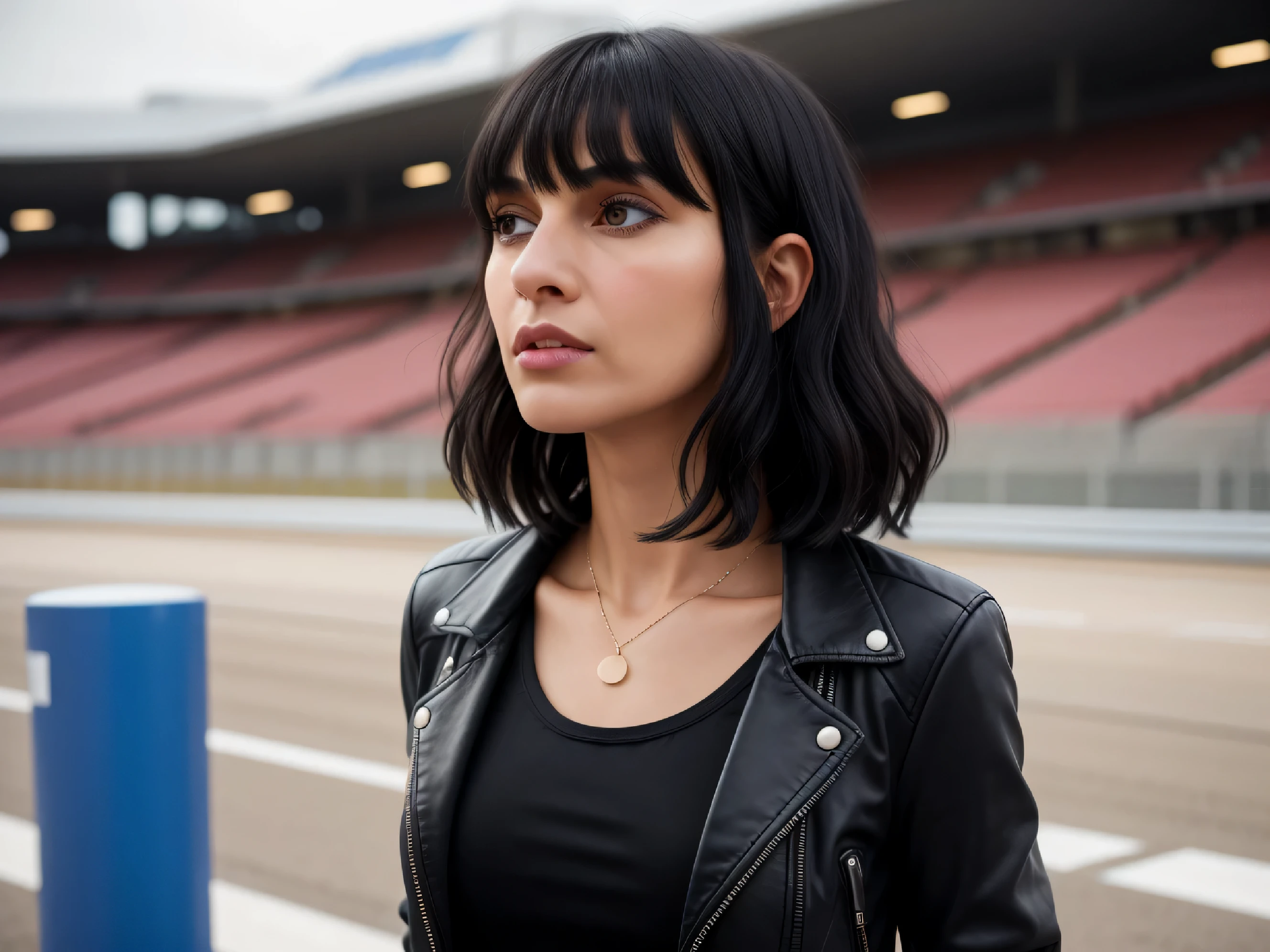 Realistic photo. High, lean girl, 35 years,
black wavy hair, haircut with short side bangs, Straight nose,
The lips are thin, The eyes are black, The chest is flat, black leather jacket,
blue jeans, Black strap, white top, White running shoes. On the race track