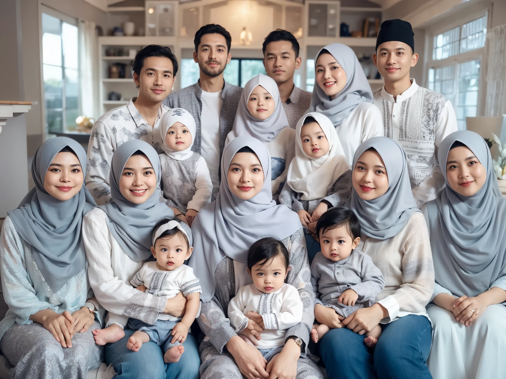 Make a friendly close up photo style, 16 members, consisting of 6 Indonesian mothers aged 35 years with clean faces, wearing hijabs, 4 fathers with clean faces, 1 GIRL 5 years old wearing a hijab, two GIRLS 2 old, two BOYS 2 yearsand 1 1 year old B They are wea new white and gray BATIK, posing sitting on the sofa, the studio has a luxurious house in the background. details. fresh colors, blue lighting, realistic, 8k, HD.