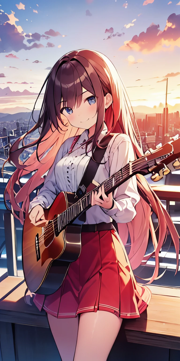 table top, highest quality,figure, wallpaper, ultra detail, absurd,Tips for 16 year old girl with long wavy hair, alone, (long hair、(play the guitar)、Smile、Overlooking the city from the top of the hill、the sunset is beautiful、the wind is strong、(Versatile Poses)Wearing a red miniskirt dress