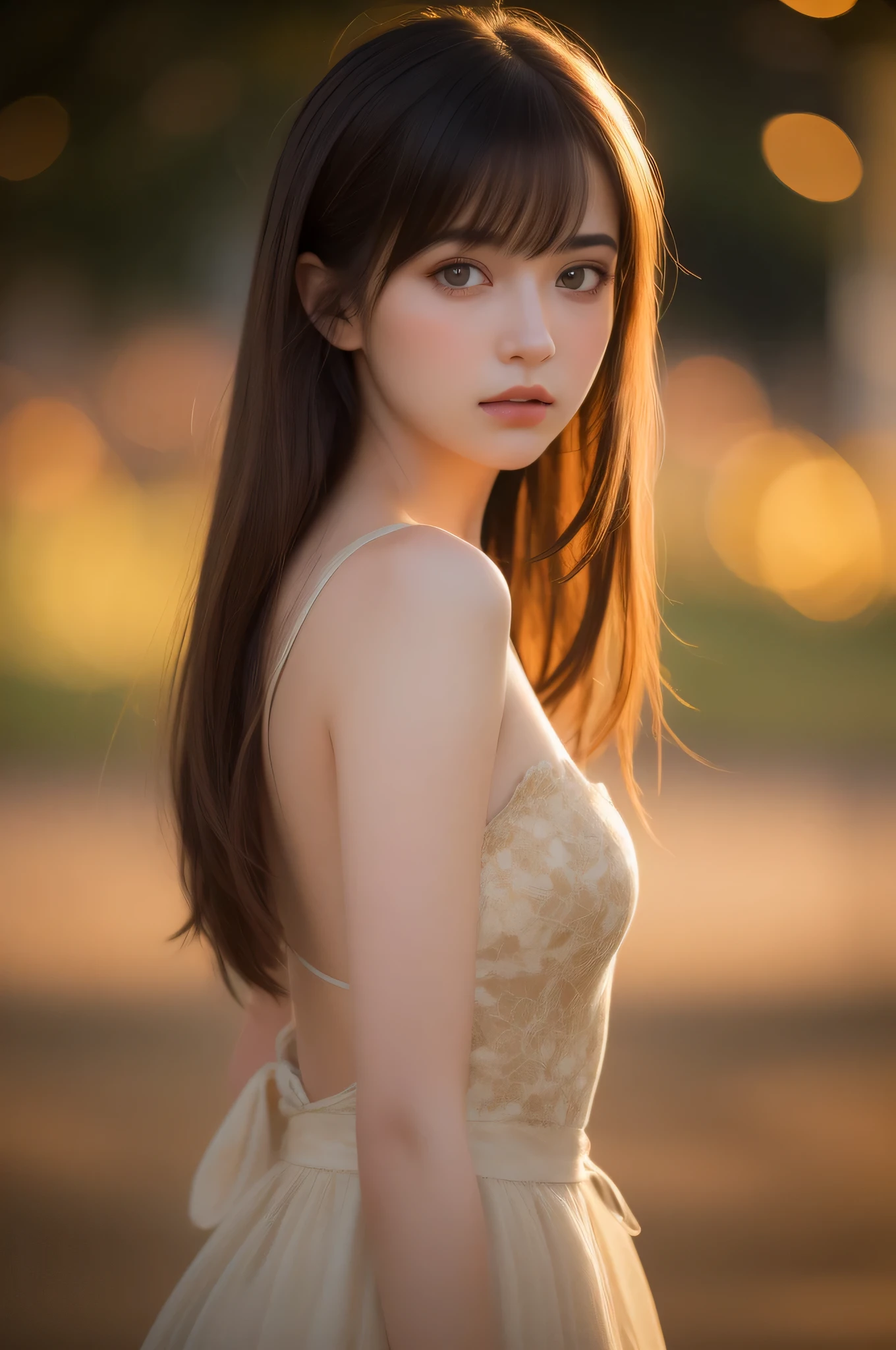 (best quality), (ultra-detailed), (llustration), (detailed light), (an extremely delicate and beautiful), 1young girl, long hair, brown hair, brown eyes, model, Enchanting, Sublime, Ethereal, Sorrow, confusion, best quality, fantastic, extremely detailed CG unified 8k wallpaper, High-definition raw color photos, professional photograpy, (((Bokeh))), twilight, Golden hour, Backlighting, depth of fields,