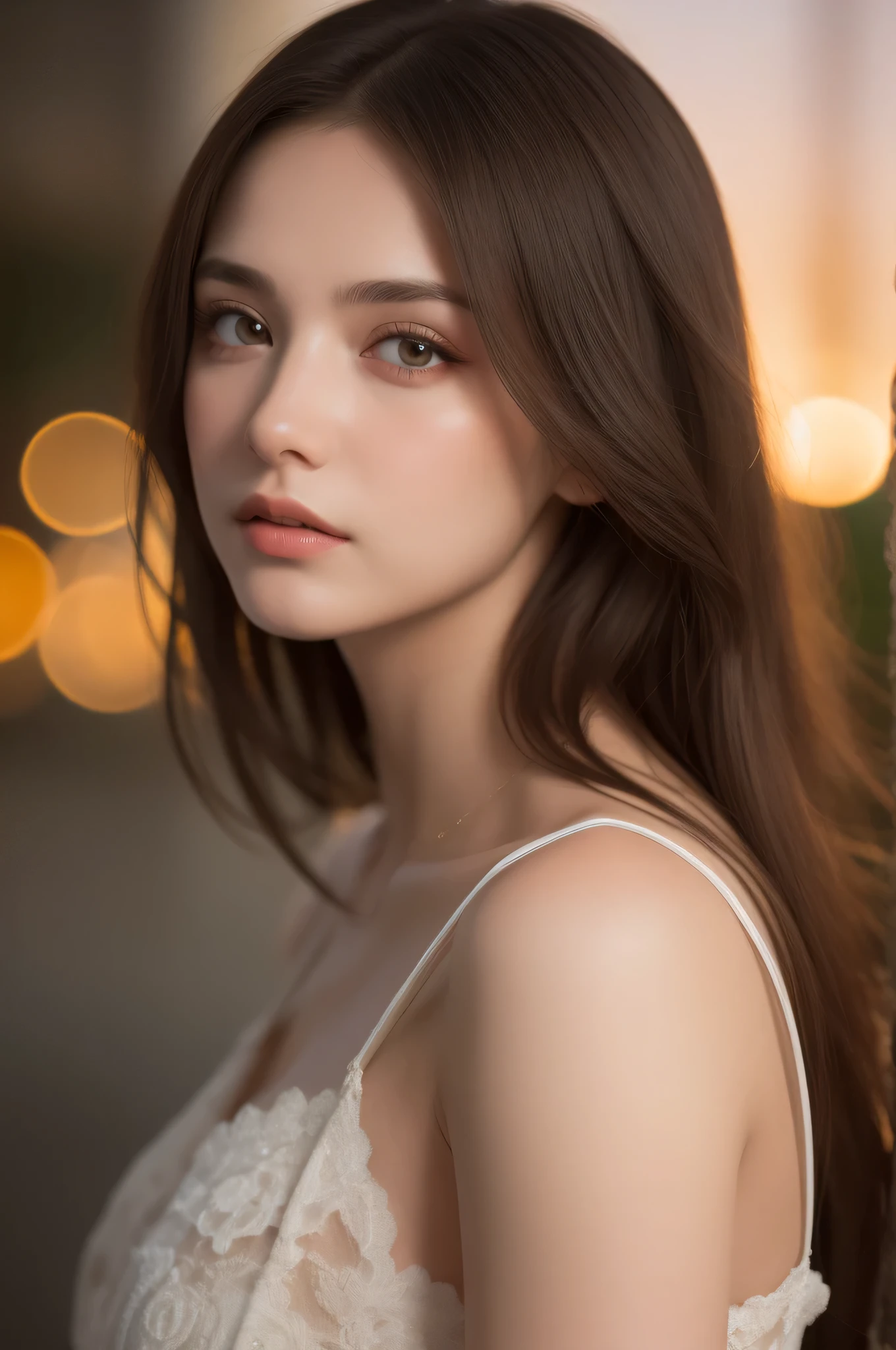 (best quality), (ultra-detailed), (llustration), (detailed light), (an extremely delicate and beautiful), 1ung girl, long hair, brown hair, brown eyes, model, Enchanting, Sublime, Ethereal, Sorrow, confusion, best quality, fantastic, extremely detailed CG unified 8k wallpaper, High-definition raw color photos, professional photograpy, (((Bokeh))), twilight, Golden hour, Backlighting, depth of fields,