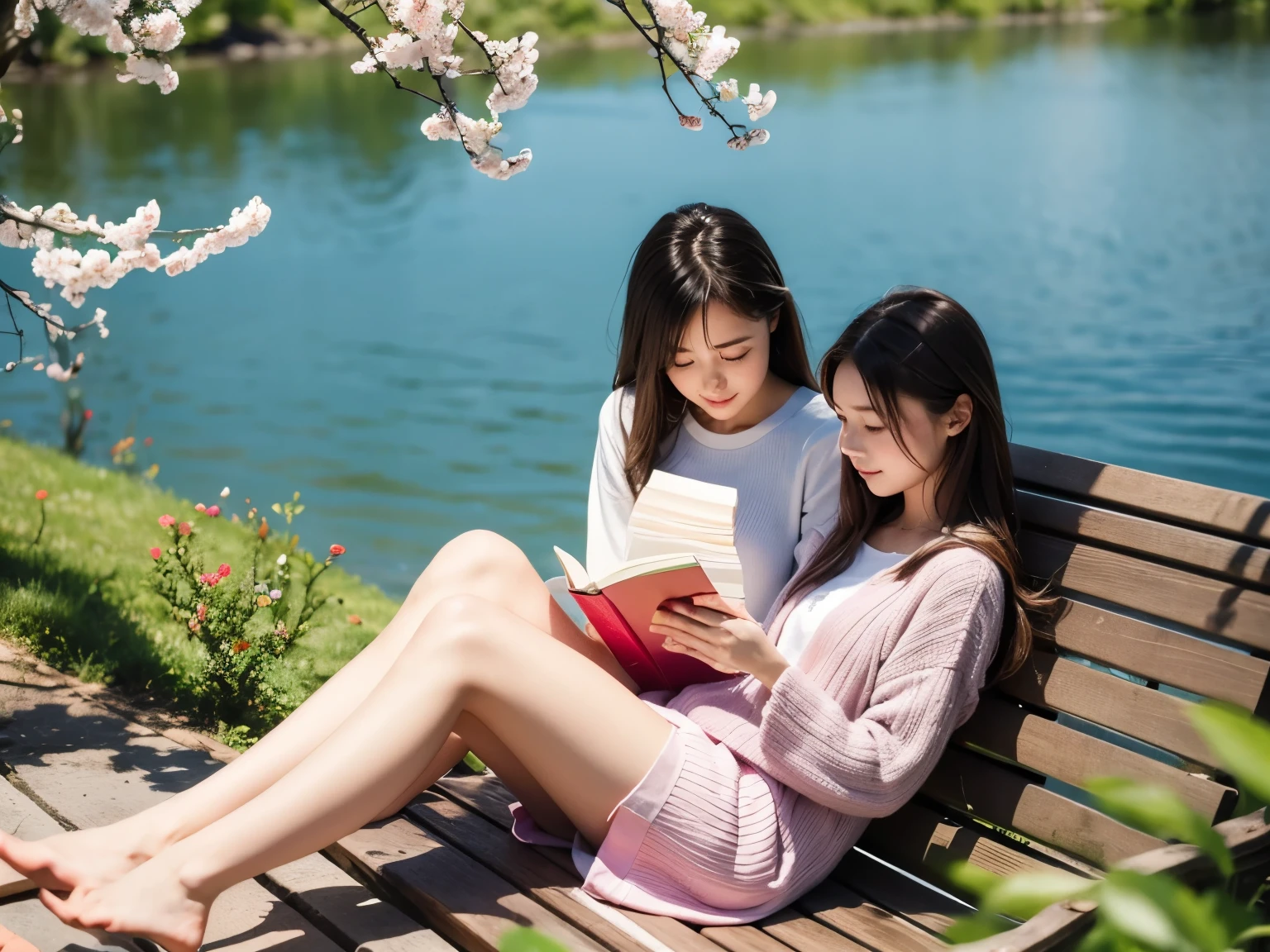 girl reading a book by the lake, bright colors, spring, willow branches, comfort, warm sunshine、first-class、High level image quality、High resolution masterpiece