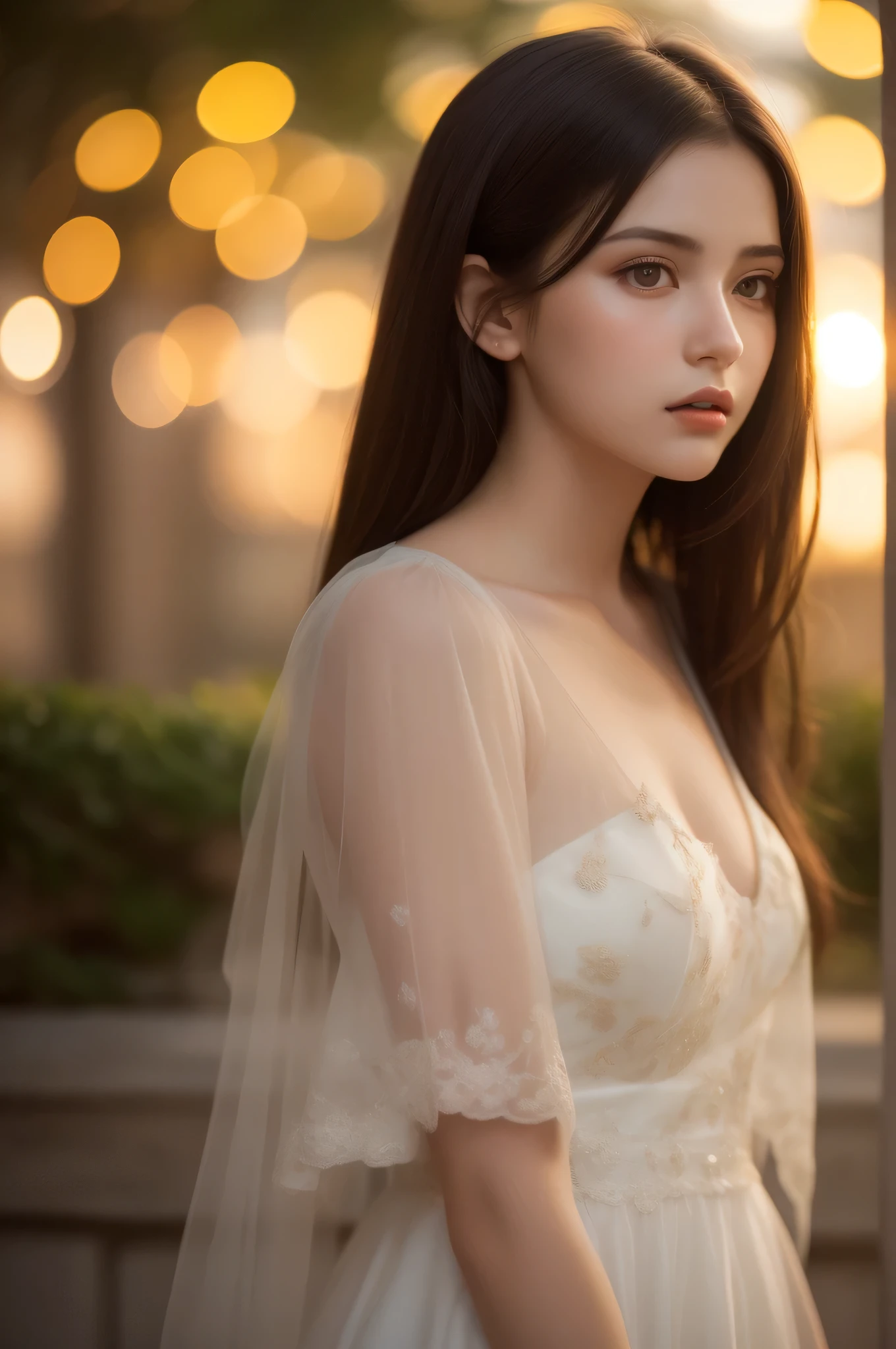beautiful girl with a confident expression on her face, soft lighting, high contrast, dynamic composition, captivating gaze, thin smile,Serene and peaceful background, elegant and graceful movements, Subtle touches, Delicate lace accents, realistic rendering, Strong emotion, feminine charm,instagram model,posing in the park in the night light