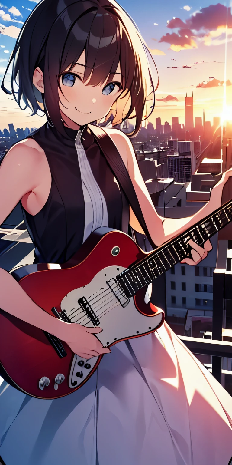 table top, highest quality,figure, wallpaper, ultra detail, absurd, 16 year old girl, alone, (medium short hair、play the guitar、Smile、Overlooking the city from the top of the hill、the sunset is beautiful