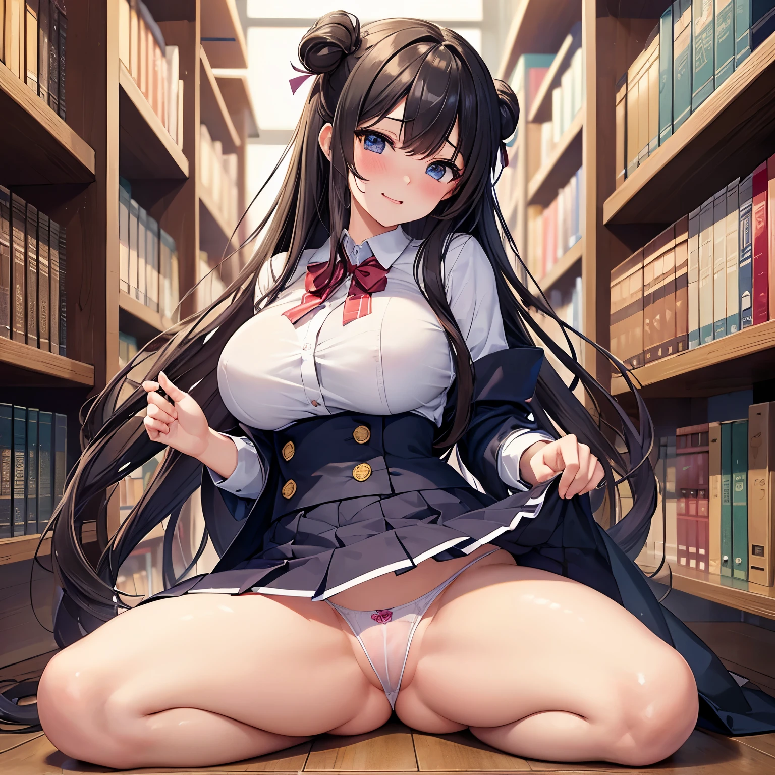 ((highest quality)), ((masterpiece)), perfect face、2D 、big breasts、naked、Crab crotch、Pussy、high school girl、library、uniform、Ahegao、embarrassed face、Panty shot