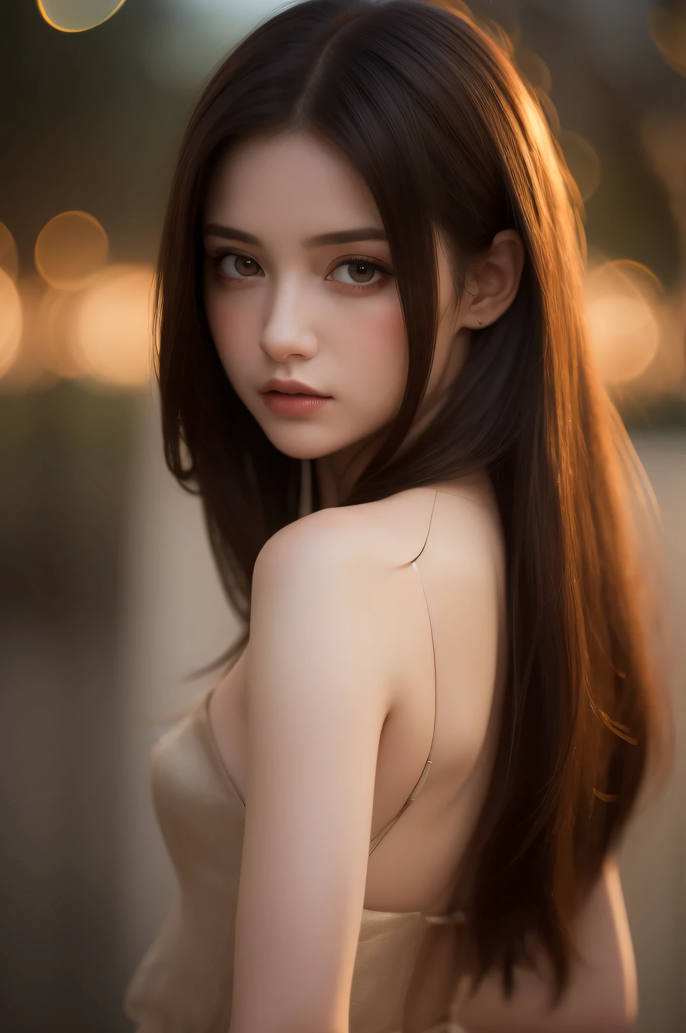 (best quality), (ultra-detailed), (llustration), (detailed light), (an extremely delicate and beautiful), 1young girl, long hair, brown hair, brown eyes, model, Enchanting, Sublime, Ethereal, Sorrow, confusion, best quality, fantastic, extremely detailed CG unified 8k wallpaper, High-definition raw color photos, professional photograpy, (((Bokeh))), twilight, Golden hour, Backlighting, depth of fields,