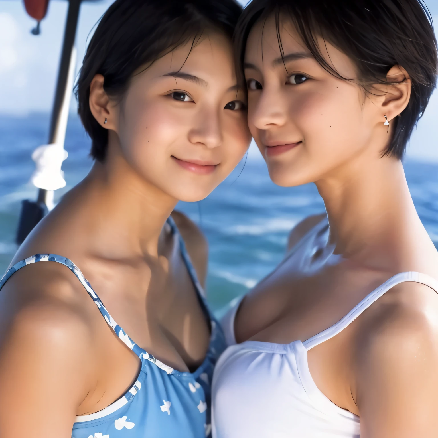 Identical twin sisters, Japan person, 18 years old, photorealistic, beautiful and detailed face, viewer, simple background, solo, sea, bikini, small breasts, tank top. sunny, summer vacation, beach, (short hair, wet), smile, movie lighting, movie, Japan drama, (necklace), earrings