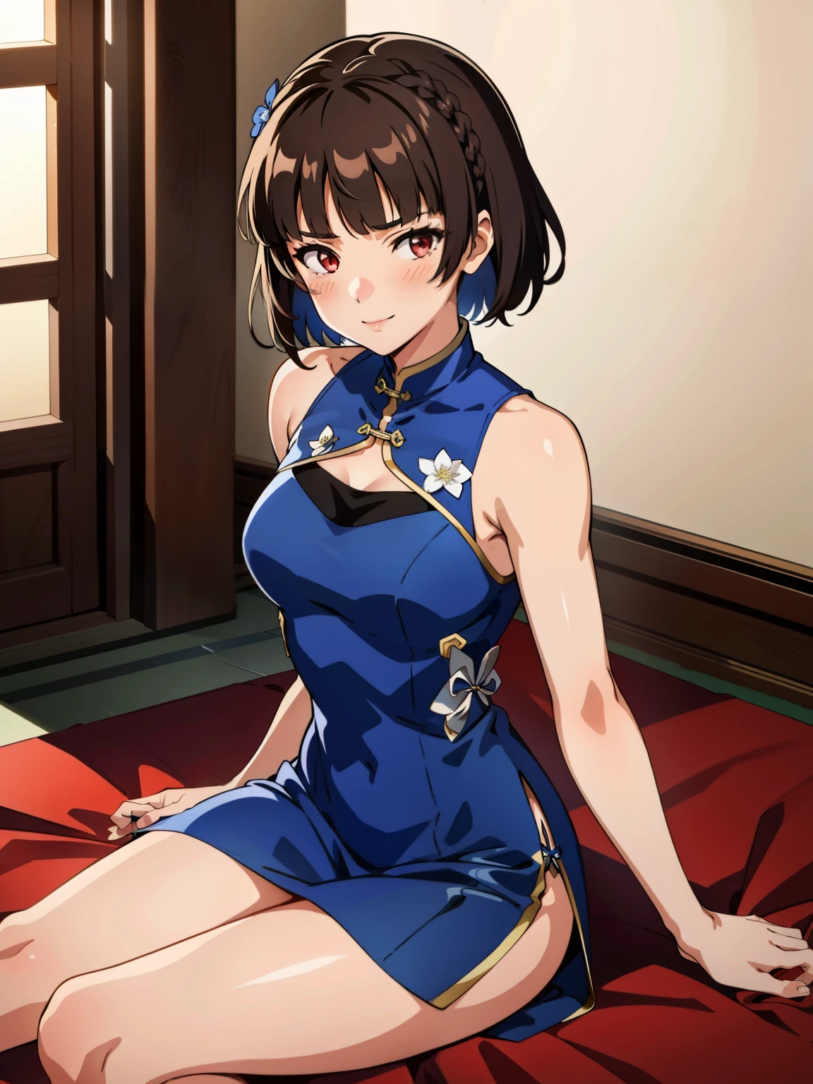 1 girl in a tight blue cheongsam dress, shiny effect on dress, makoto_nijima in a blue cheongsam dress, makoto_nijima face, tight cheongsam, flowers on dress, thin body, sleeveless dress, red eyes, beautiful eyes, brown hair, medium hair, blunt bangs, crownbraid, medium hair, blush, gentle smile, smooth lighting, shiny fabric, tight dress, smooth fabric, sitting, beautiful, 8k, very high resolution