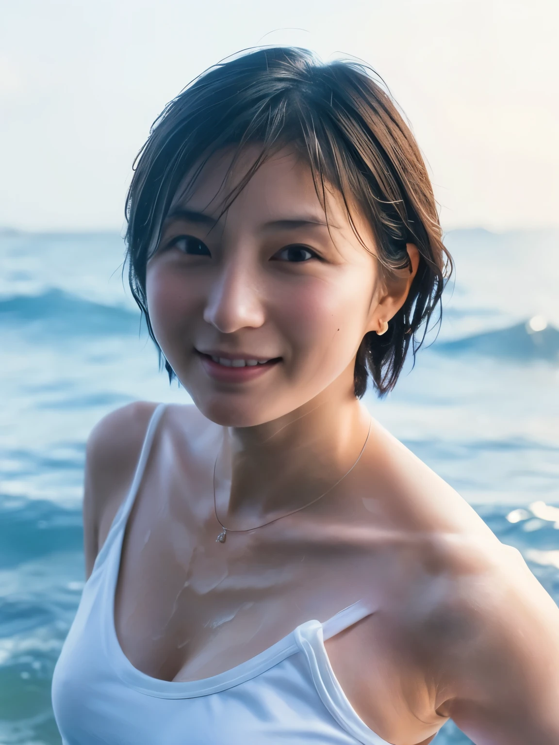 1 girl, Japan person, 45 years old, photorealistic, beautiful and detailed face, viewer, simple background, solo, sea, bikini, small breasts, tank top. sunny, summer vacation, beach, (short hair, wet), smile, movie lighting, movie, Japan drama, (necklace), earrings