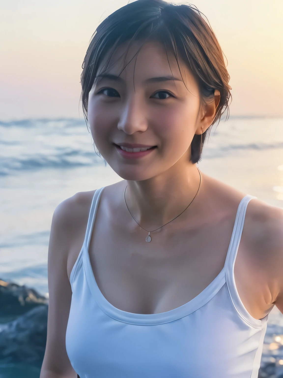 1 girl, Japan person, 45 years old, photorealistic, beautiful and detailed face, viewer, simple background, solo, sea, bikini, small breasts, tank top. sunny, summer vacation, beach, (short hair, wet), smile, movie lighting, movie, Japan drama, (necklace), earrings