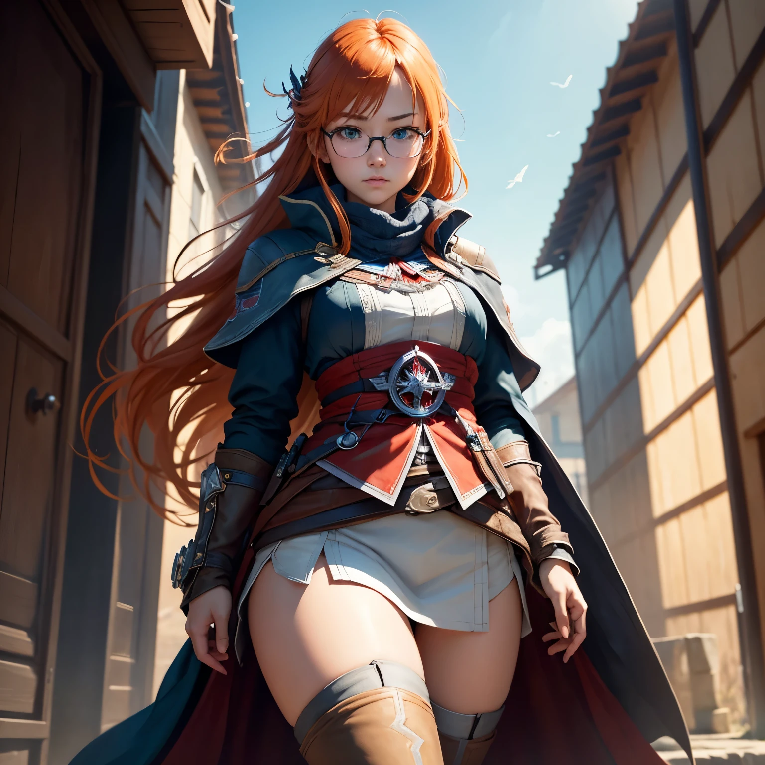 8k, masterpiece, best quality, realistic, higly detailed, cowboy shot, 1girl, solo, Itsuki Nakano, serious looking girl, medium-length hair, expressive ahoge, reddish-orange hair colour, a pair of star-shaped hairpins near both of her eyes, dark blue eyes, average height, well-endowed figure, wears glasses, cute, Assassin's Creed