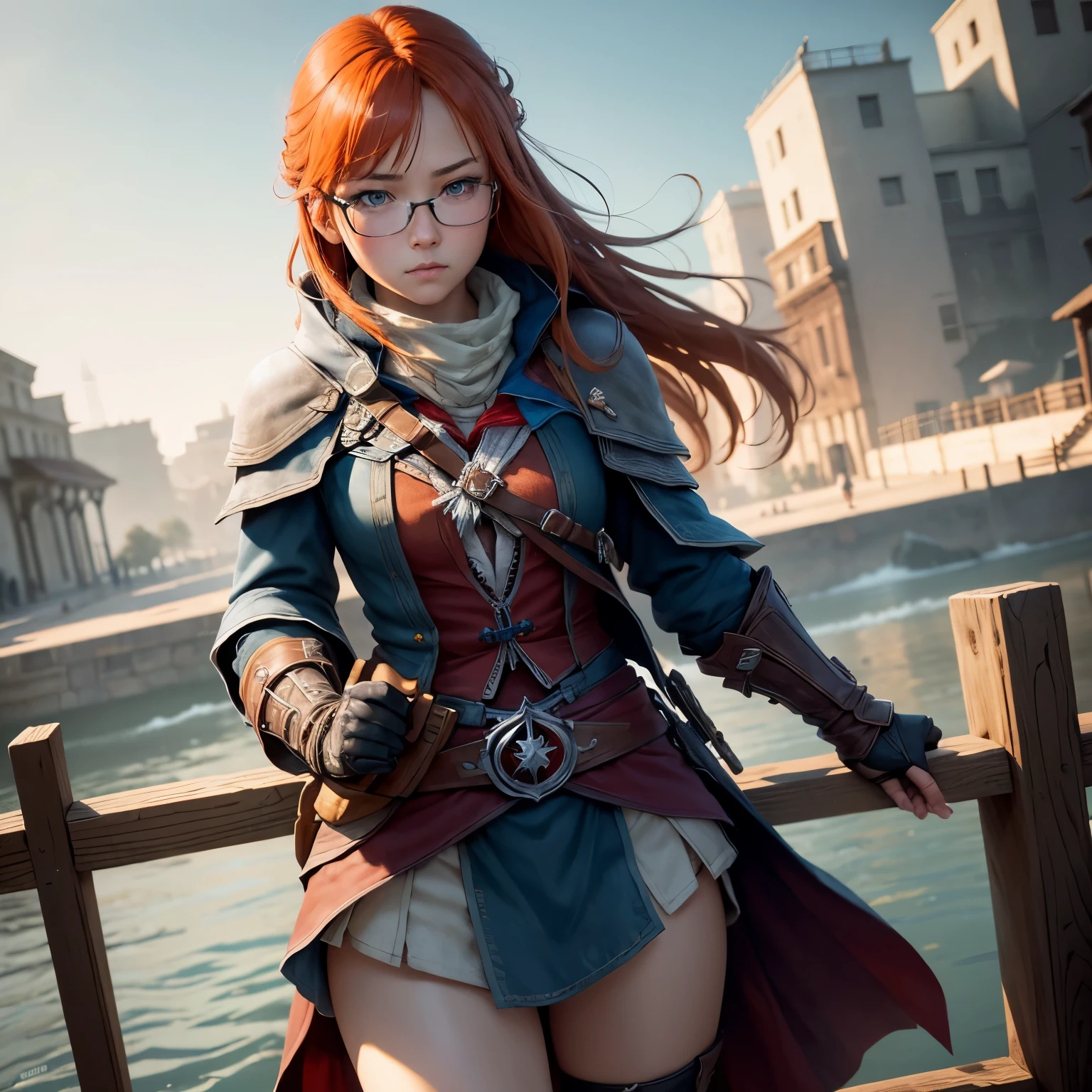 8k, masterpiece, best quality, realistic, higly detailed, cowboy shot, 1girl, solo, Itsuki Nakano, serious looking girl, medium-length hair, expressive ahoge, reddish-orange hair colour, a pair of star-shaped hairpins near both of her eyes, dark blue eyes, average height, well-endowed figure, wears glasses, cute, Assassin's Creed