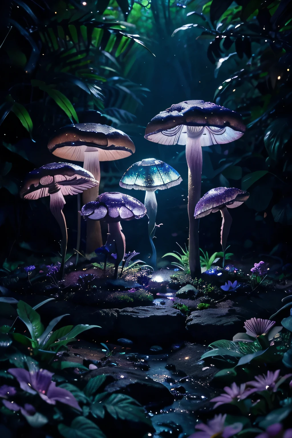 lush plantlife, real, detailed, 8k, high quality, an enchanting and dreamy scene of fantasy/alien forest, glowing mushrooms, creating a sense of mystique and enchantment, award winning photography, lots of blues and purples, bioluminescence, garden, water, flowers, depth of field photorealist, crystals