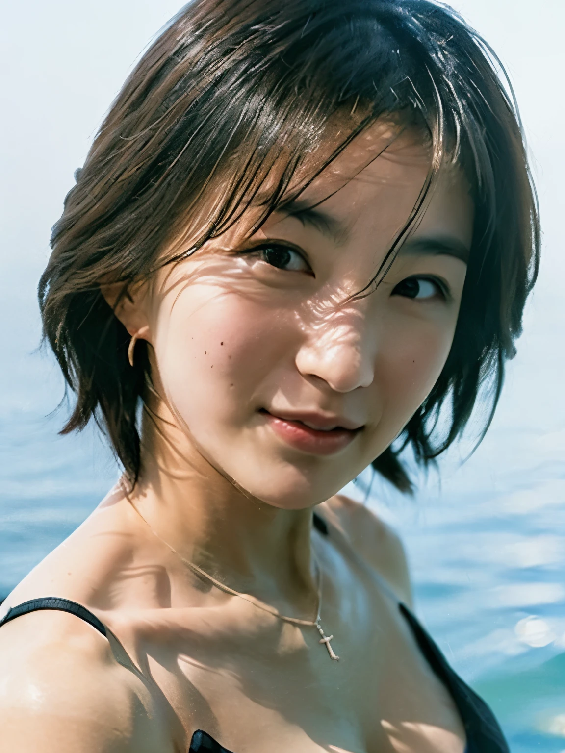1 girl, Japan person, photorealistic, beautiful and detailed face, viewer, simple background, solo, sea, aloha shirt, small breasts, aloha shirt. sunny, summer vacation, beach, (short hair, wet), smile, movie lighting, movie, Japan drama, (necklace), earrings