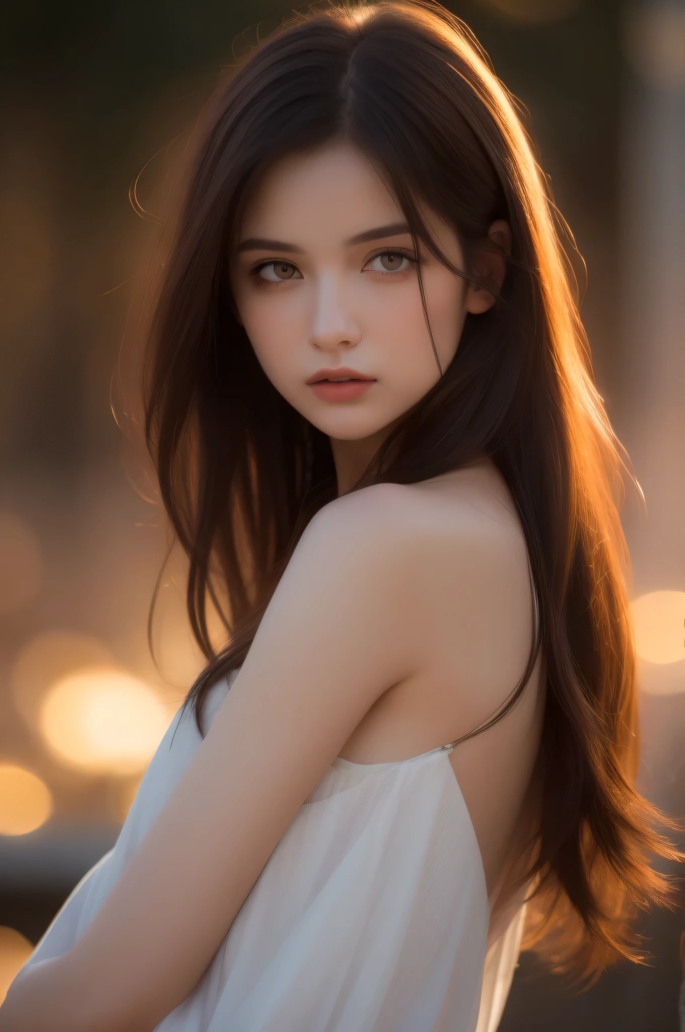 (best quality), (ultra-detailed), (llustration), (detailed light), (an extremely delicate and beautiful), 1ung girl, long hair, brown hair, brown eyes, model, Enchanting, Sublime, Ethereal, Sorrow, confusion, best quality, fantastic, extremely detailed CG unified 8k wallpaper, High-definition raw color photos, professional photograpy, (((Bokeh))), twilight, Golden hour, Backlighting, depth of fields,