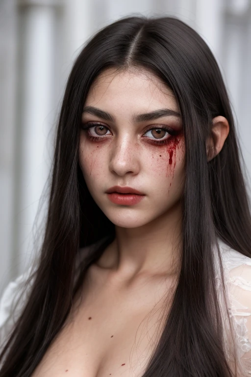 A young British black-haired girl around mid-twenties exudes a vengeful look in her intensely realistic, hyper-realistic, and ultra-realistic eyes. Blood stains gracefully drip down her flawless, highly detailed face, each stain casting an ominous shadow against the smooth skin texture. Her expressive features are captured in exquisite detail, from the intricately defined pupils to the prominent marginal rings and high contrast eyes. Her complexion reflects a disturbing yet mesmerizing interplay of light and dark, showcasing every pore and texture in stark detail. Blood trickles from a deep gash on her temple, contrasting against the pristine white fabric of
