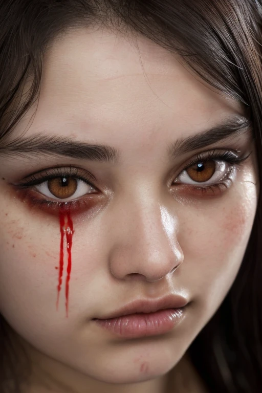 A young British black-haired girl around mid-twenties exudes a vengeful look in her intensely realistic, hyper-realistic, and ultra-realistic eyes. Blood stains gracefully drip down her flawless, highly detailed face, each stain casting an ominous shadow against the smooth skin texture. Her expressive features are captured in exquisite detail, from the intricately defined pupils to the prominent marginal rings and high contrast eyes. Her complexion reflects a disturbing yet mesmerizing interplay of light and dark, showcasing every pore and texture in stark detail. Blood trickles from a deep gash on her temple, contrasting against the pristine white fabric of