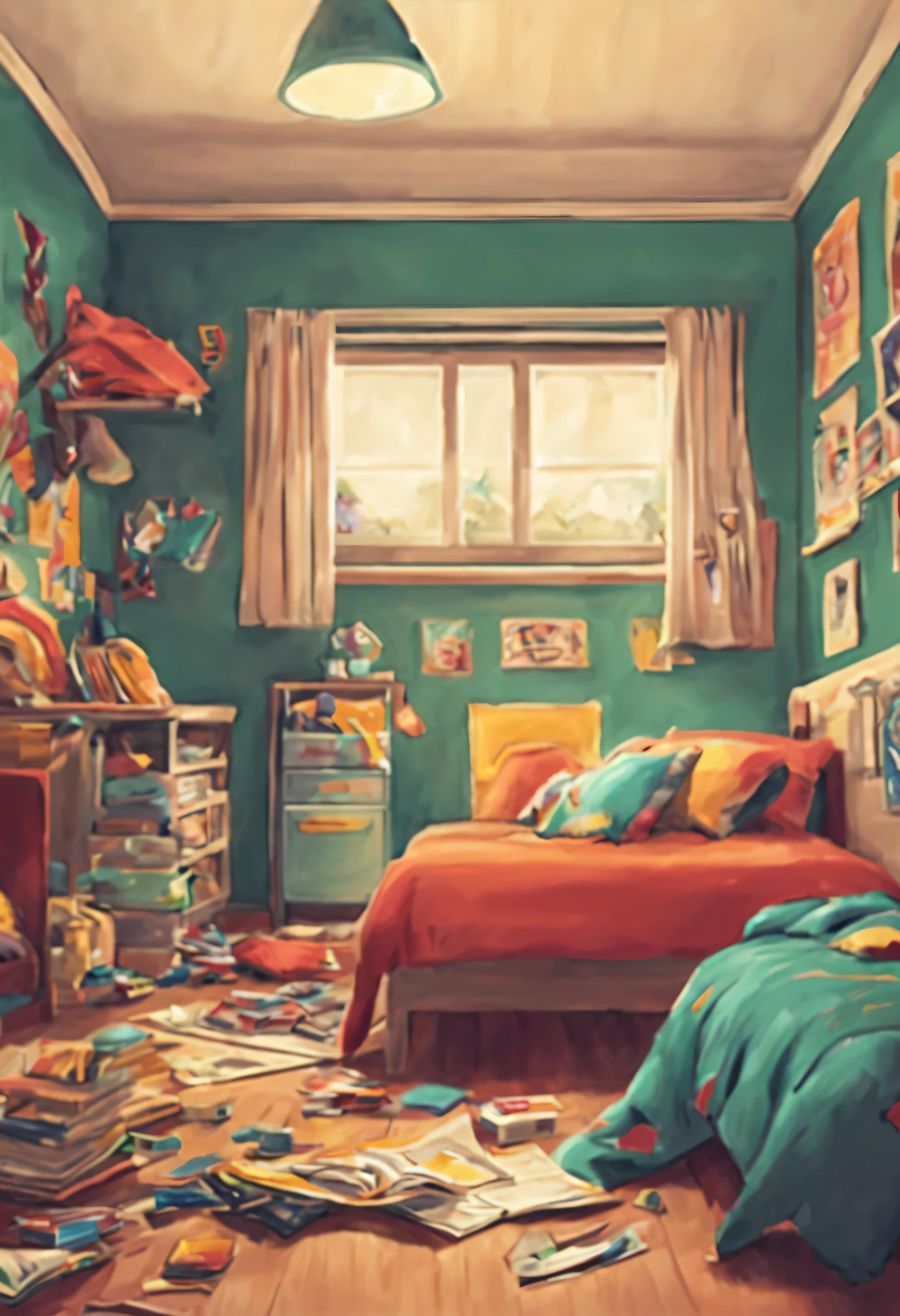 Crie um adolescente bagunceiro'quarto em formato animado