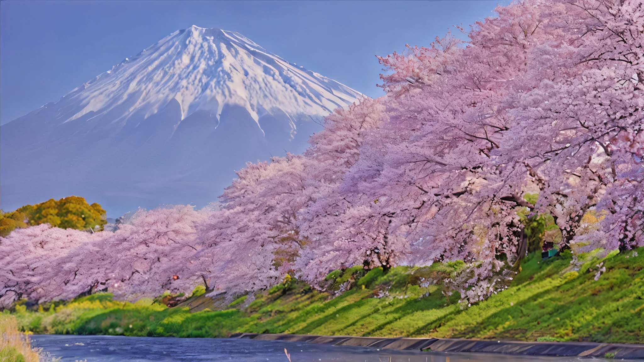 River and trees in the foreground々, japanese nature, Cherry tree, Cherry tree, cherry blossom forest, lush Cherry tree, mount Fuji, sakura season, Mountain. Fuji, A quest to travel deeper into Japan, giant Cherry tree, lake kawaguchi, 日本のMountain, Fuji choko, Cherry tree, sakura bloomimg, japanese landscape