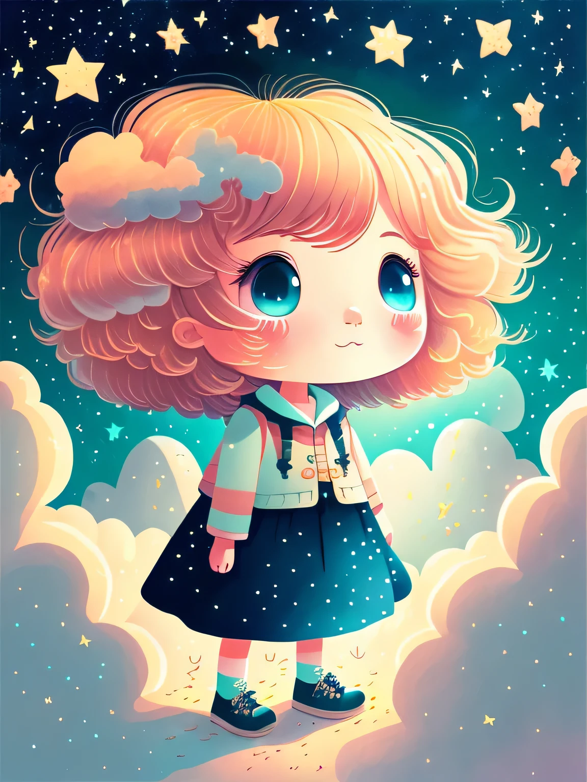 (Best quality at best,4k,8k,A high resolution,obra-prima:1.2), Cabelo fofo como as nuvens de uma garota nas nuvens, tiny stars, cabelos de cores claras, dentro de um sonho, Dream illustration, cor dos sonhos, childish illustration style.