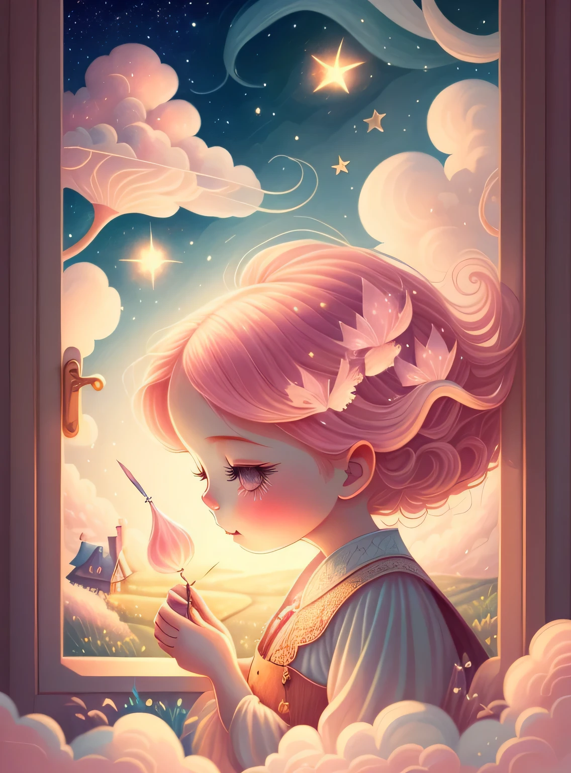 (melhor qualidade,4k,8k,A high resolution,obra-prima:1.2),ultra-detalhado,(real,realisticamente,realisticamente:1.37),dream sky,Nuvens suaves,As estrelas, Cercado por nuvens,admirar,peixes bonitos,Head raised,long flowing pink hair,teia,Ilustra??o de conto de fadas,funny illustration,Creative illustration,hand painted style,Arte sob luz forte,A arte da magia,storybook art,arte inspiradora,obras de arte requintadas