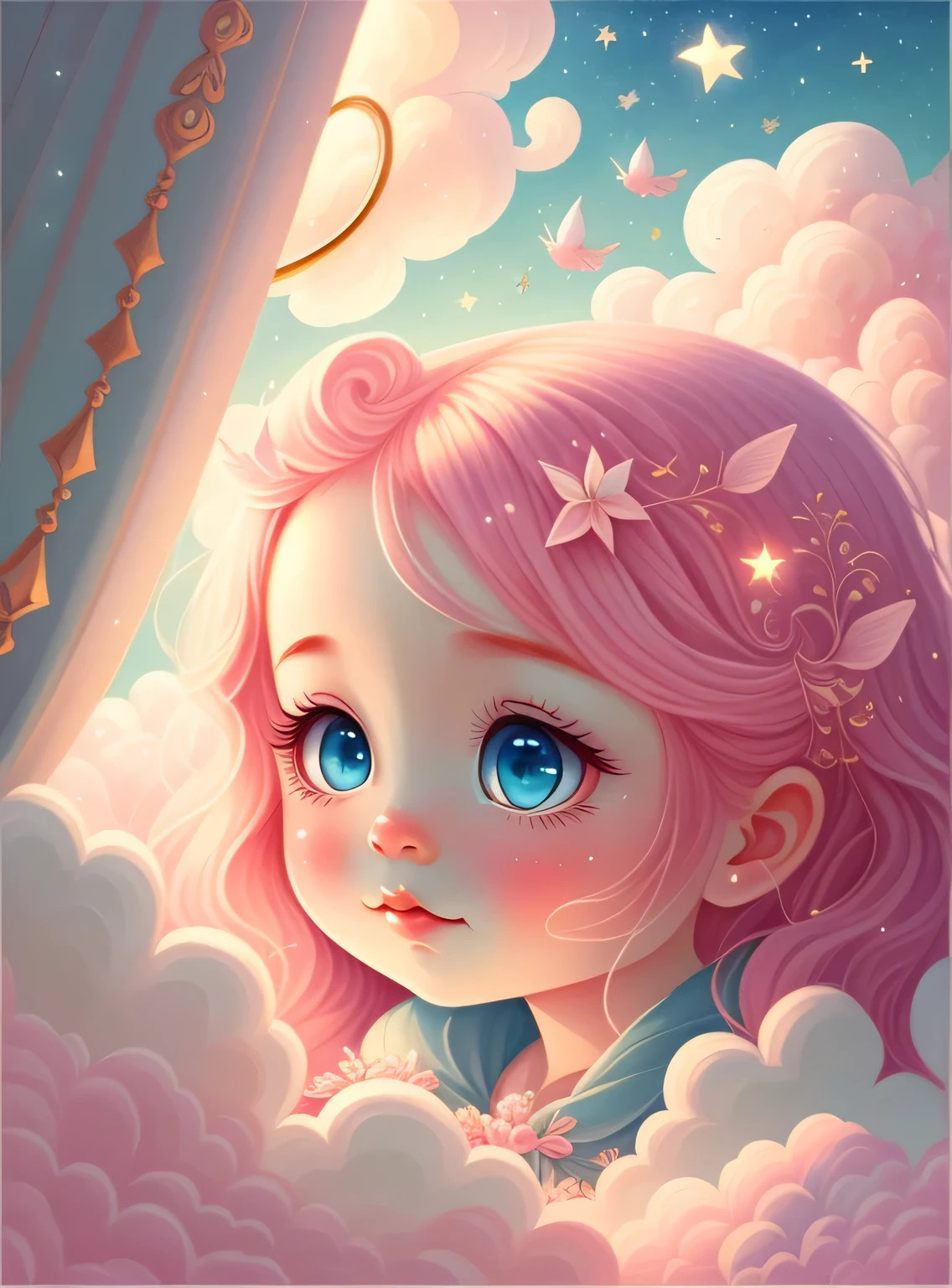 (melhor qualidade,4k,8k,A high resolution,obra-prima:1.2),ultra-detalhado,(real,realisticamente,realisticamente:1.37),dream sky,Nuvens suaves,As estrelas, Cercado por nuvens,admirar,peixes bonitos,Head raised,long flowing pink hair,teia,Ilustra??o de conto de fadas,funny illustration,Creative illustration,hand painted style,Arte sob luz forte,A arte da magia,storybook art,arte inspiradora,obras de arte requintadas