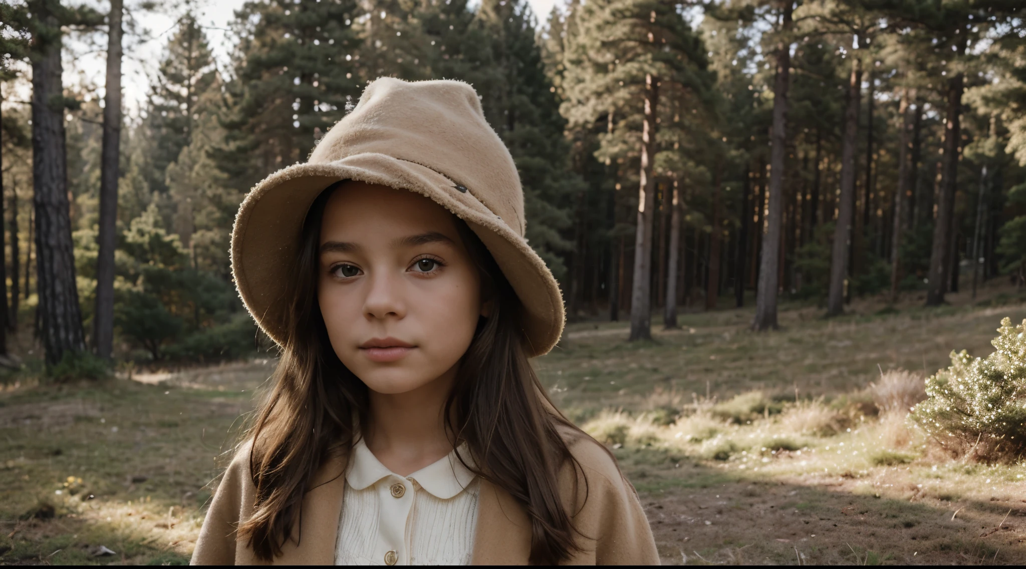 A portrait of a girl () in a beige coat, wearing a fancy wool hat, against the backdrop of a green pine forest, golden hour, November, Ray Tracing, contemporary aesthetic, photorealistic, cinematic lighting