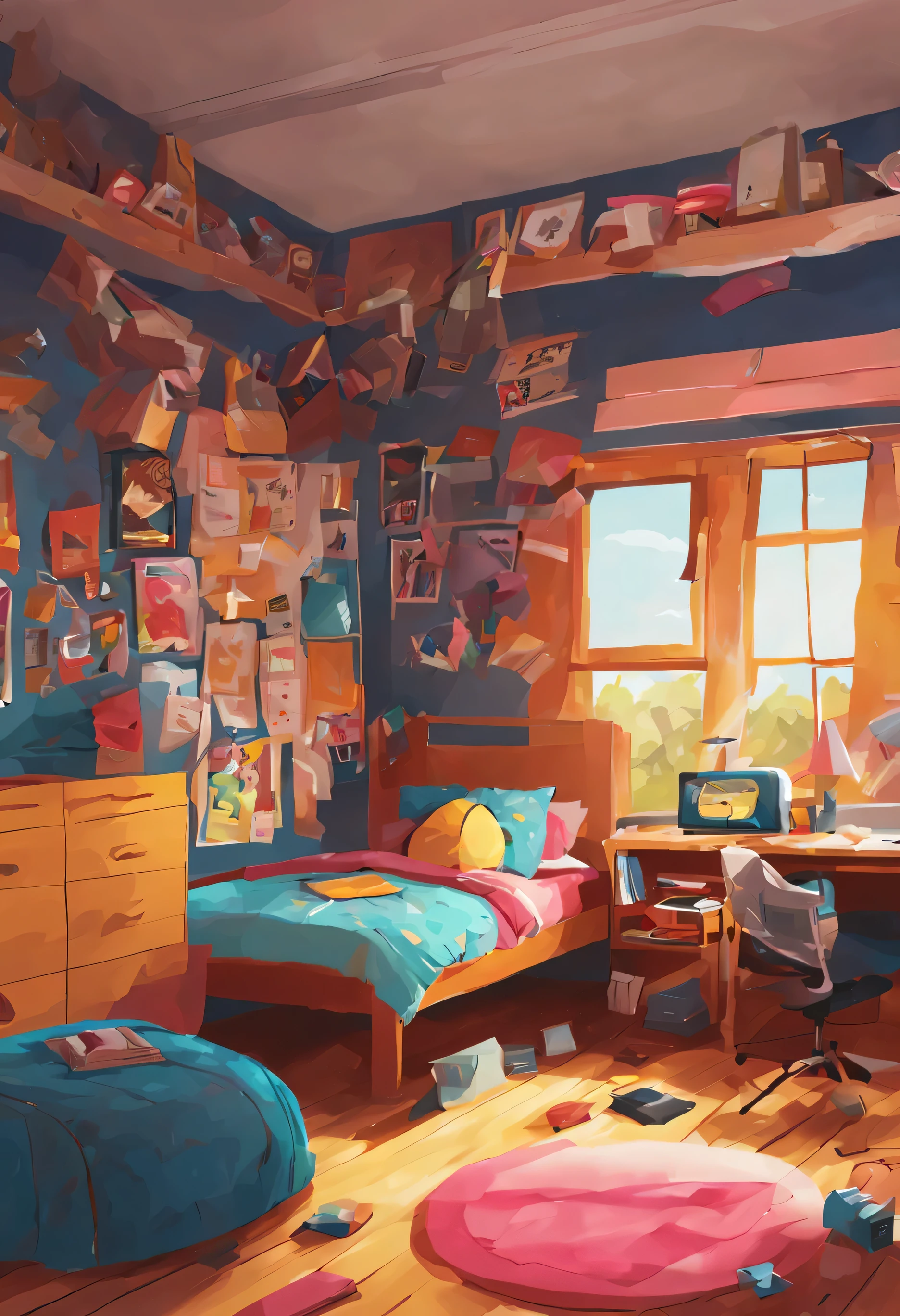 Crie um adolescente bagunceiro'quarto em formato animado